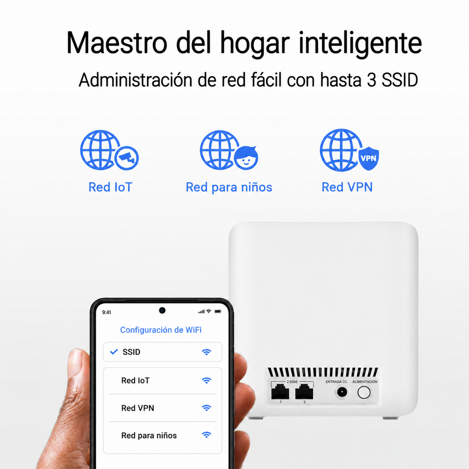 Un smartphone muestra ajustes de WiFi con opciones para IoT, VPN y niños. Un router está al lado.