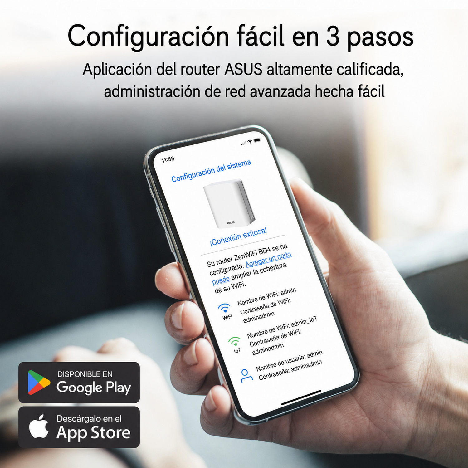 Mano sostiene smartphone con pantalla de configuración ASUS.