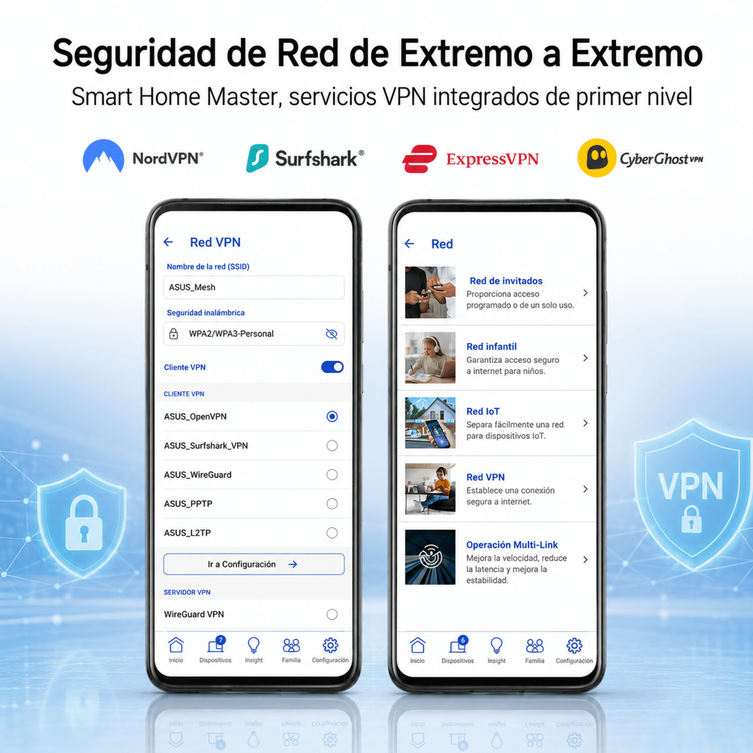 Dos smartphones muestran opciones VPN: NordVPN, Surfshark, ExpressVPN, CyberGhost VPN.