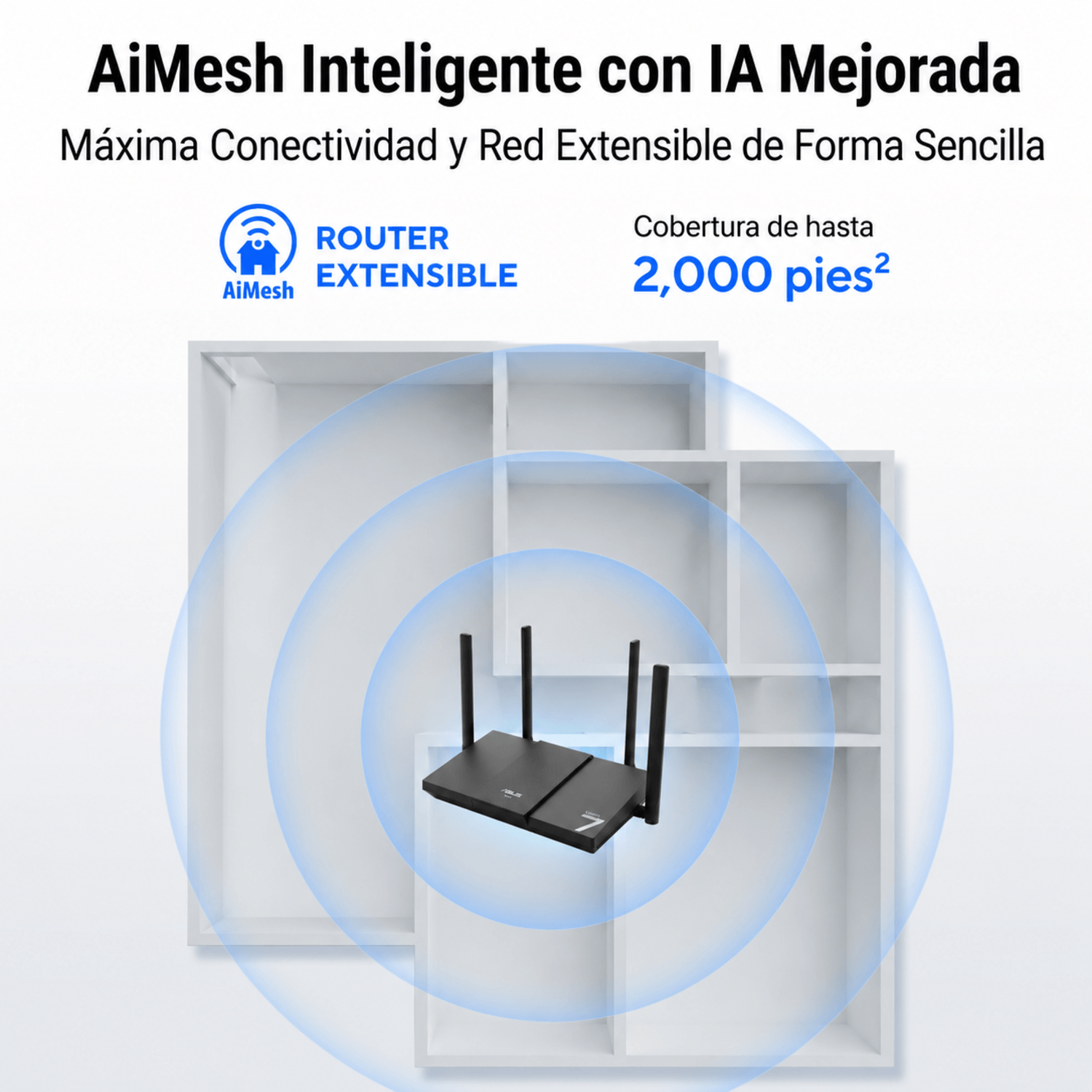 Un router negro con antenas frente a estante blanco. Ondas azules muestran la señal.