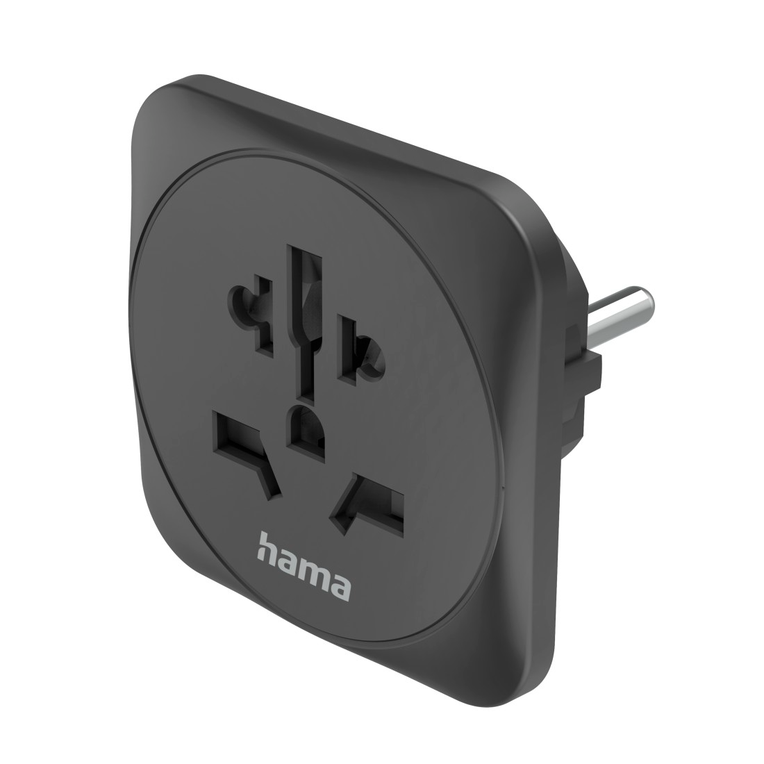 Fekete, univerzális utazóadapter több aljzattal és európai dugóval.
