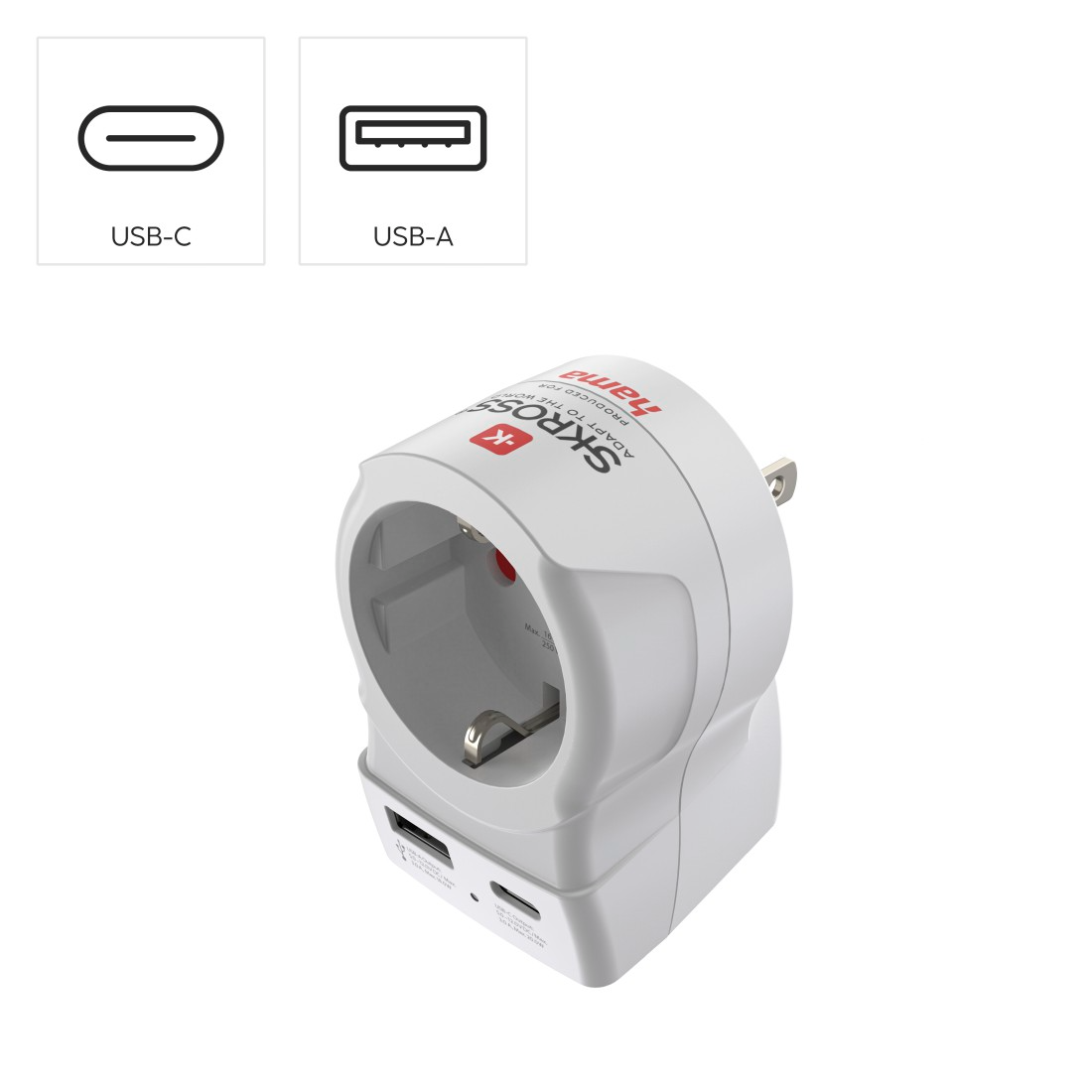 Fehér utazóadapter USB-C és USB-A portokkal, univerzális dugvillával.