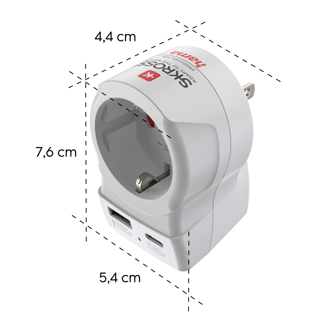 Fehér utazási adapter USB és USB-C portokkal és méretekkel.