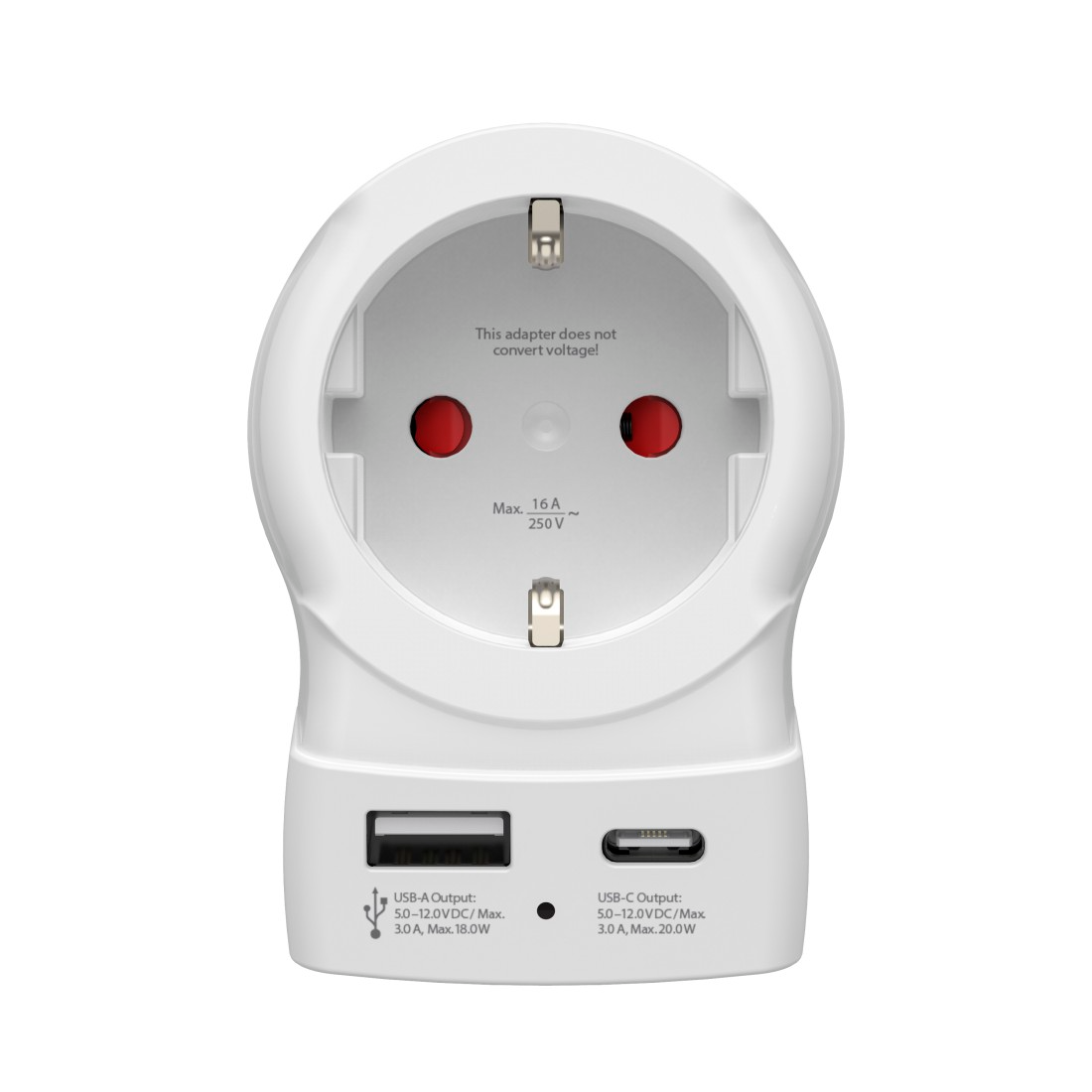 Fehér utazóadapter konnektorral, USB-A és USB-C portokkal.