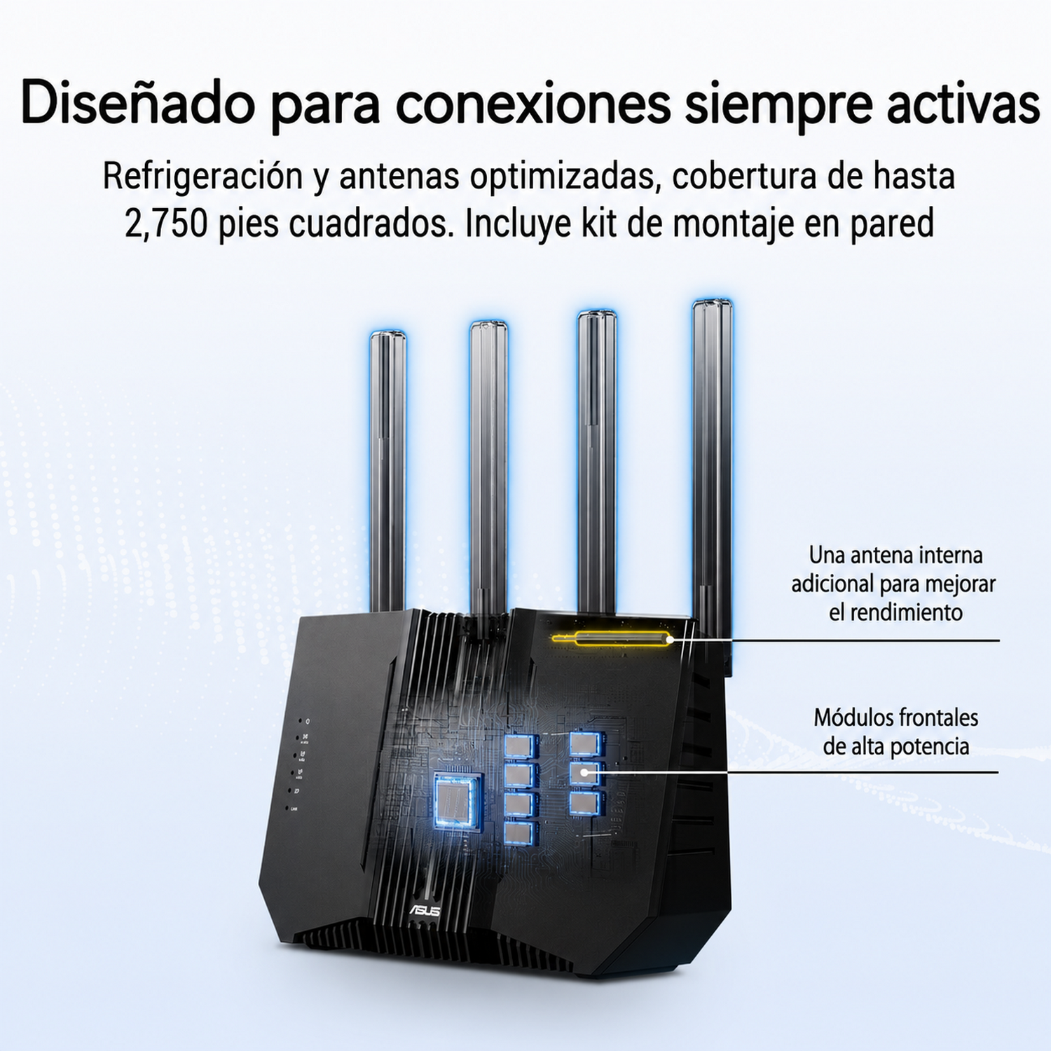 Router negro con cuatro antenas, luces azules y etiquetas.