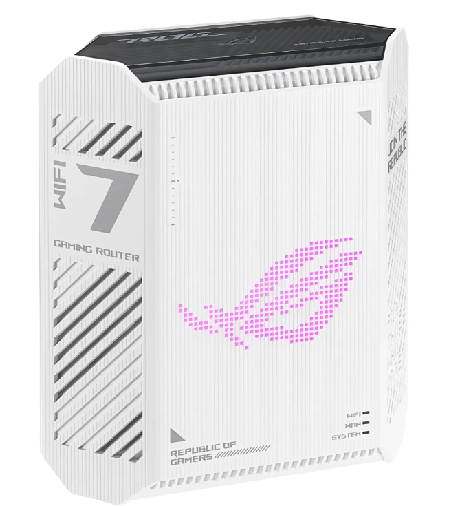 Pembe vurgulara ve havalandırma deliklerine sahip beyaz bir ASUS ROG WiFi 7 oyun yönlendiricisi.