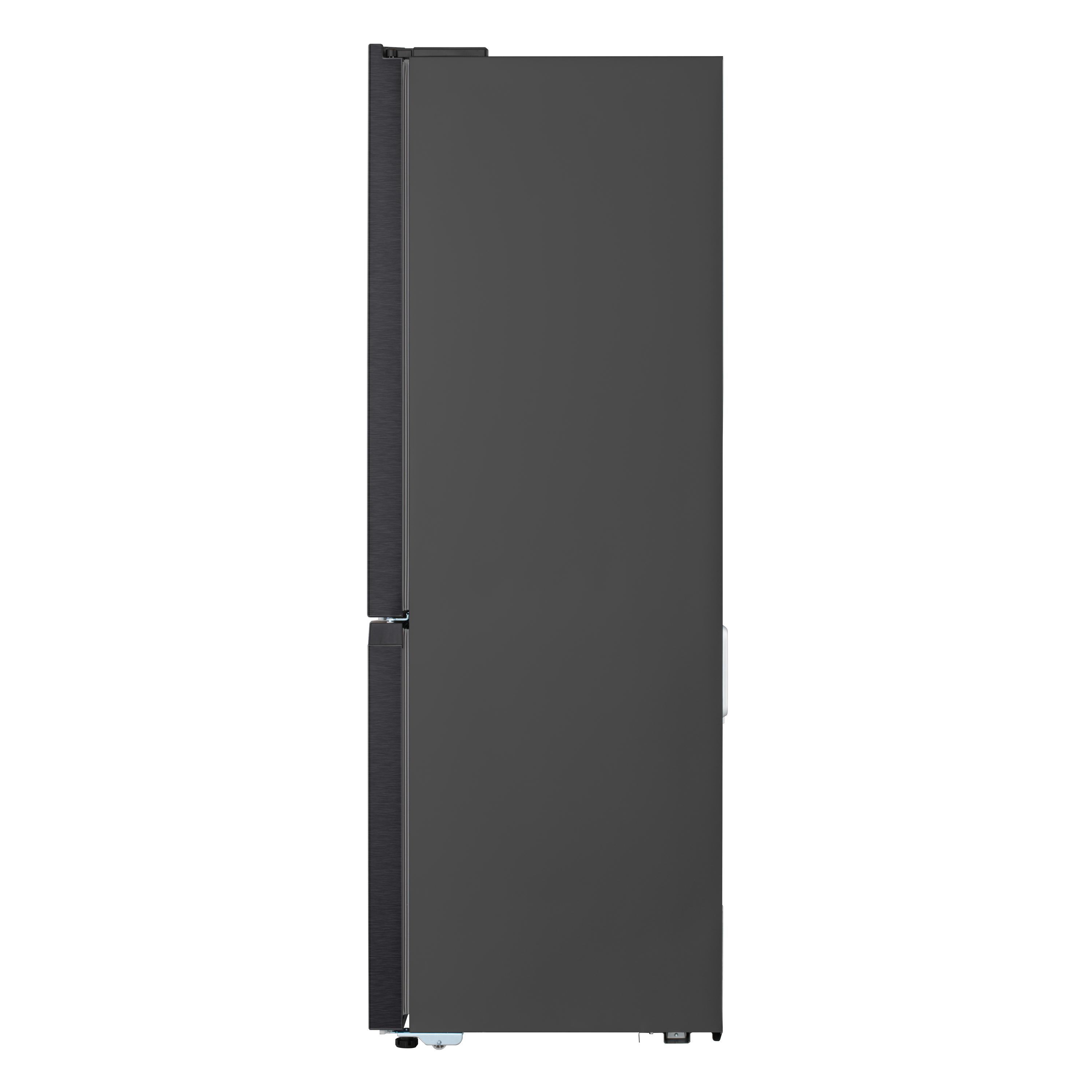 Dunkelgrauer Kühlschrank von der Seite mit sichtbarem Griff und Rollen.