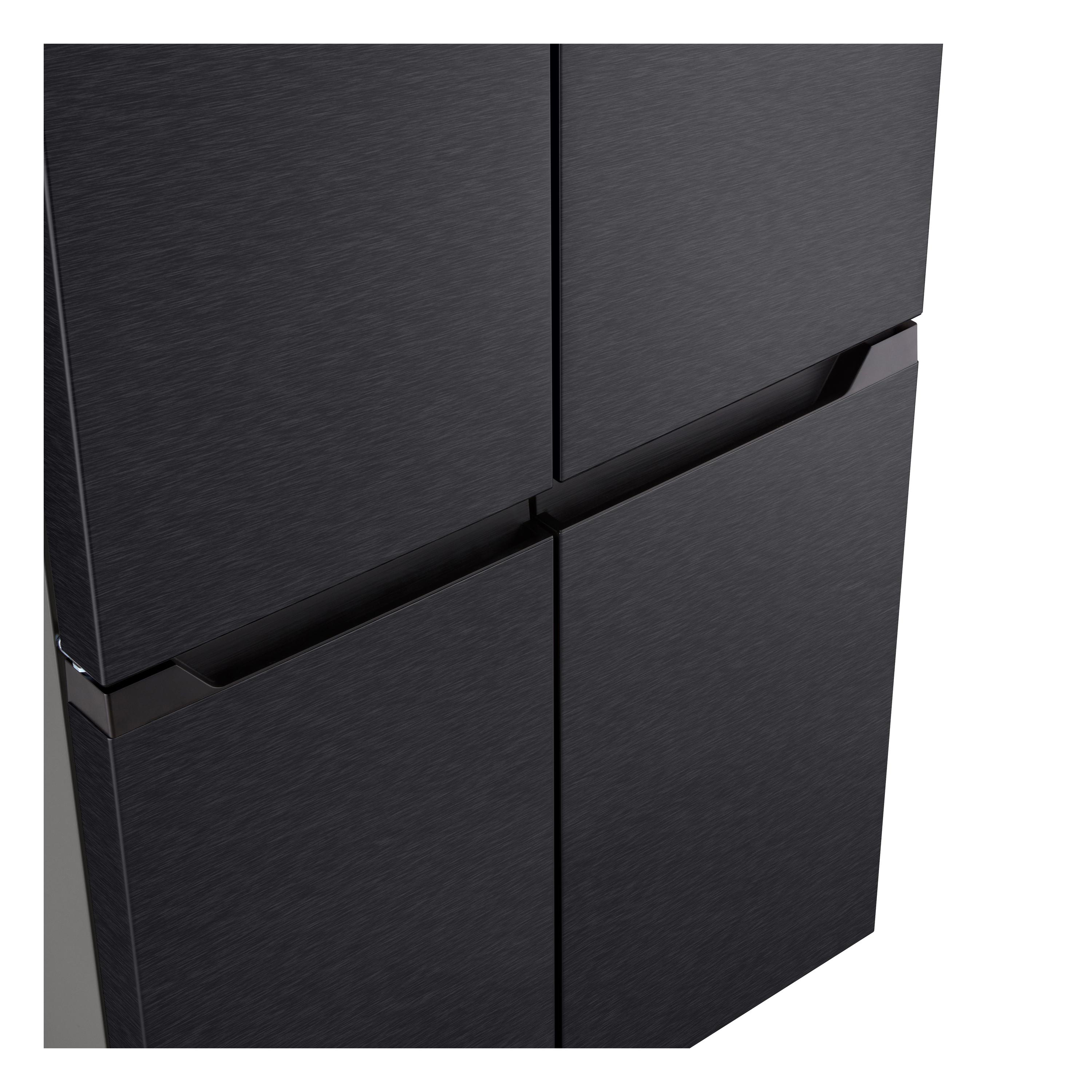Schwarzer Kühlschrank mit gebürsteter Metalloberfläche und Griffleisten.