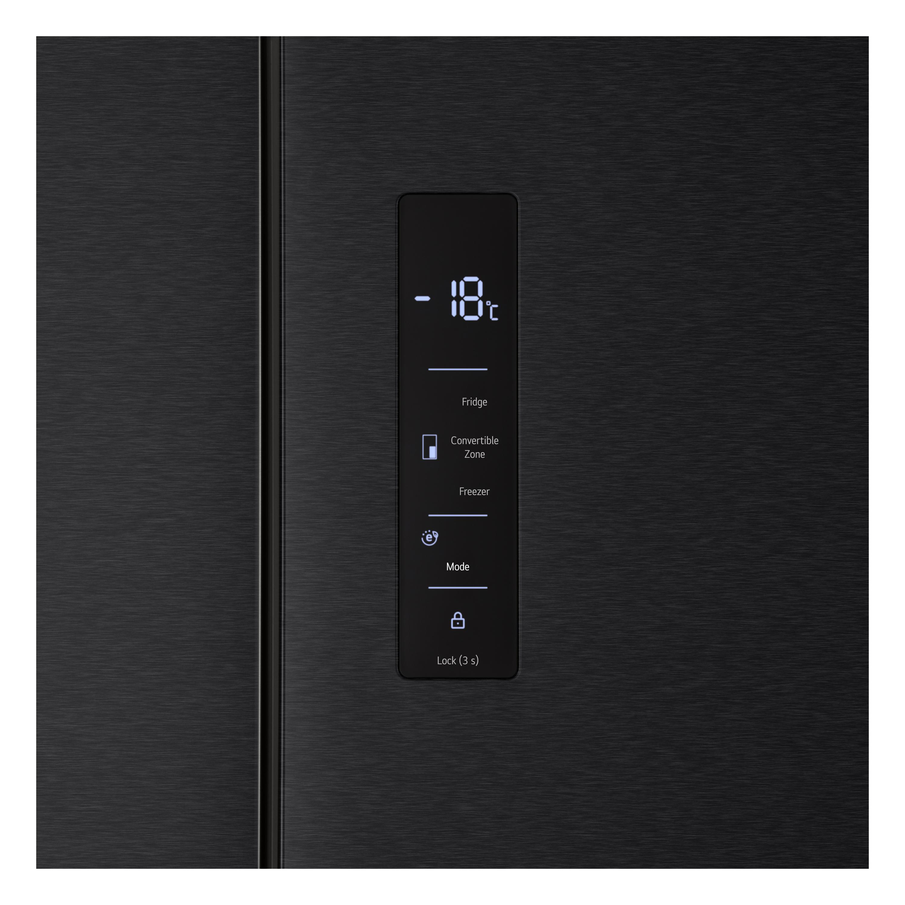 Schwarzes Bedienfeld mit digitaler Anzeige für -18°C, Kühlschrank, Gefrierschrank, Modus und Sperre.