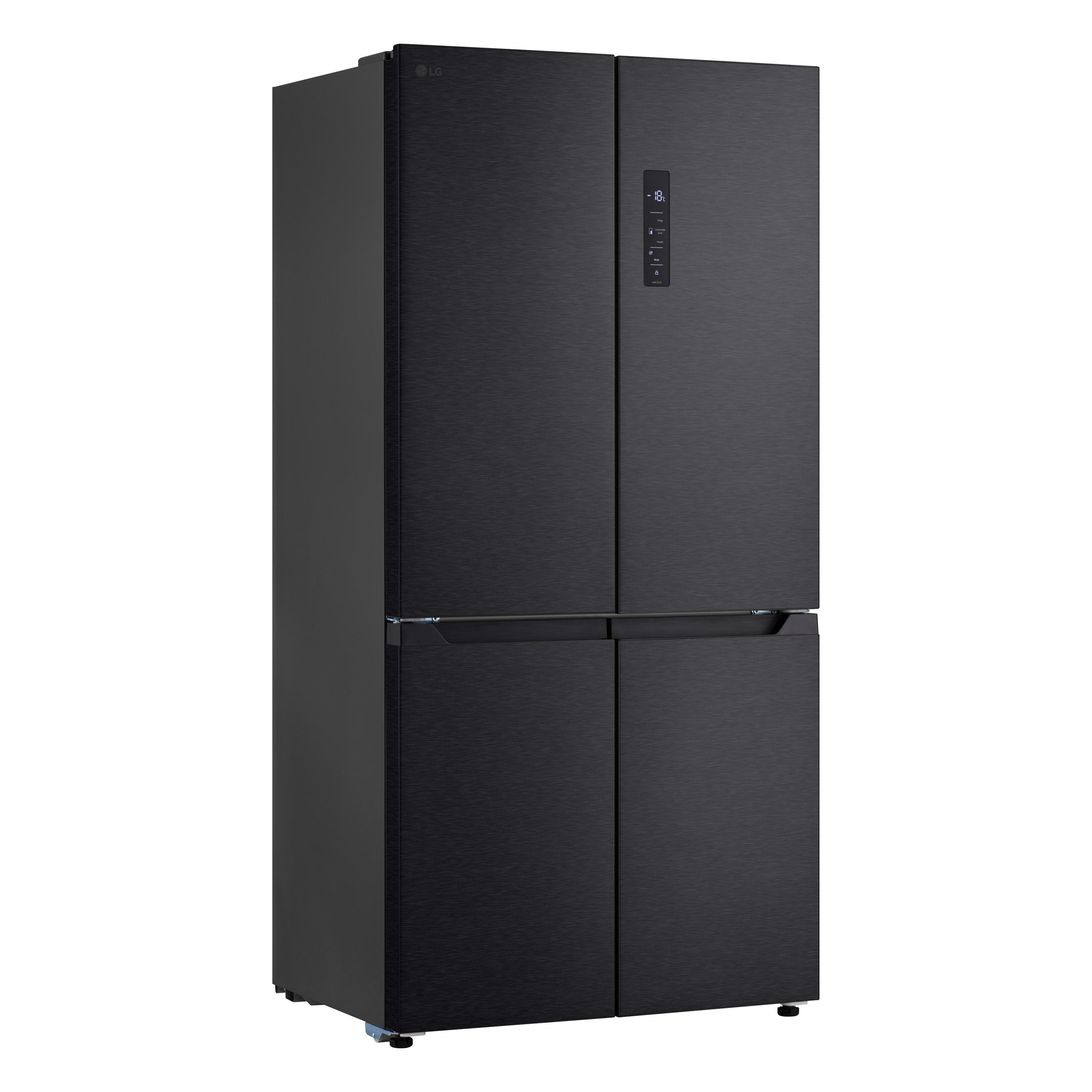 Schwarzer LG Kühlschrank mit vier Türen und digitaler Anzeige.