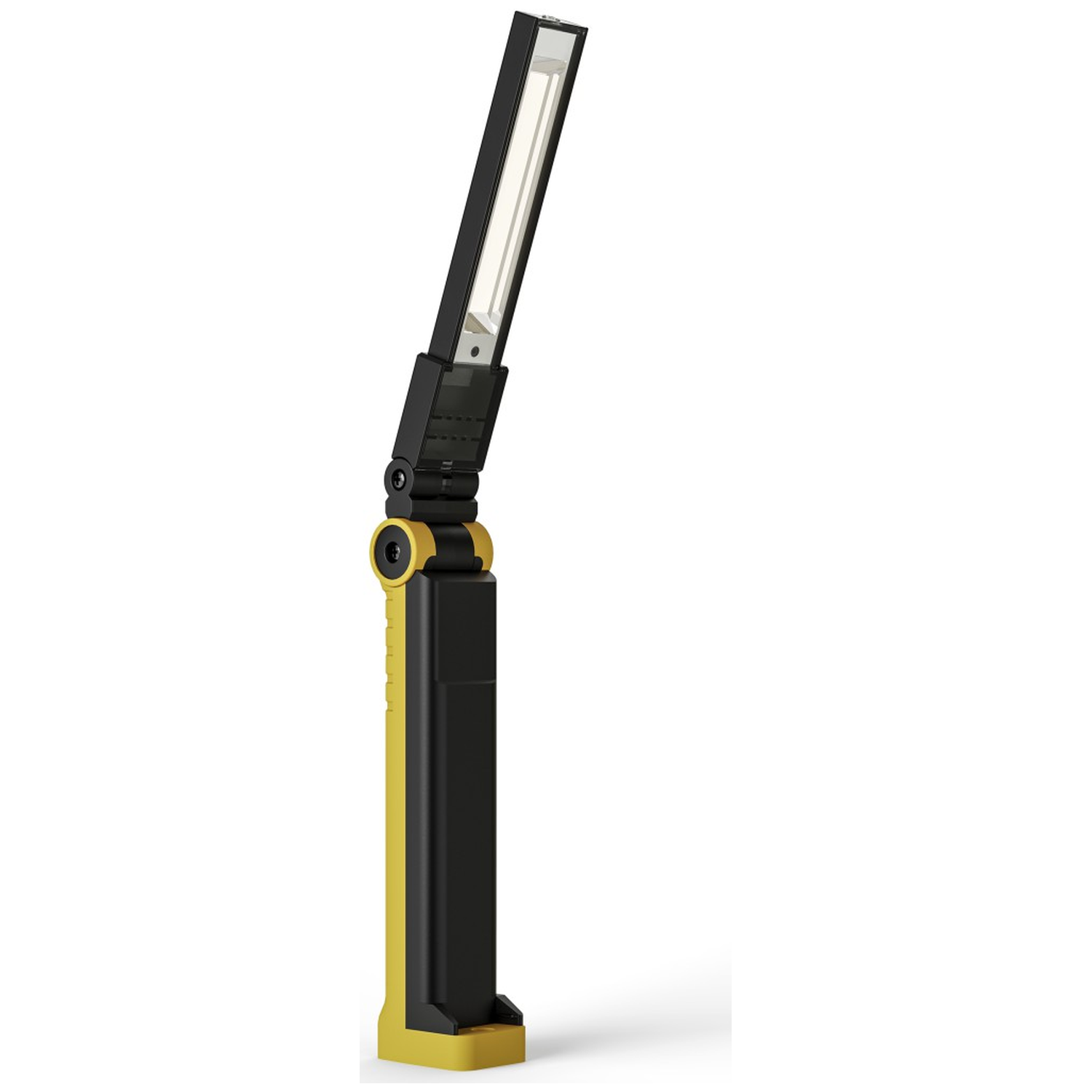 A yellow and black folding work light is angled upwards on a white background.