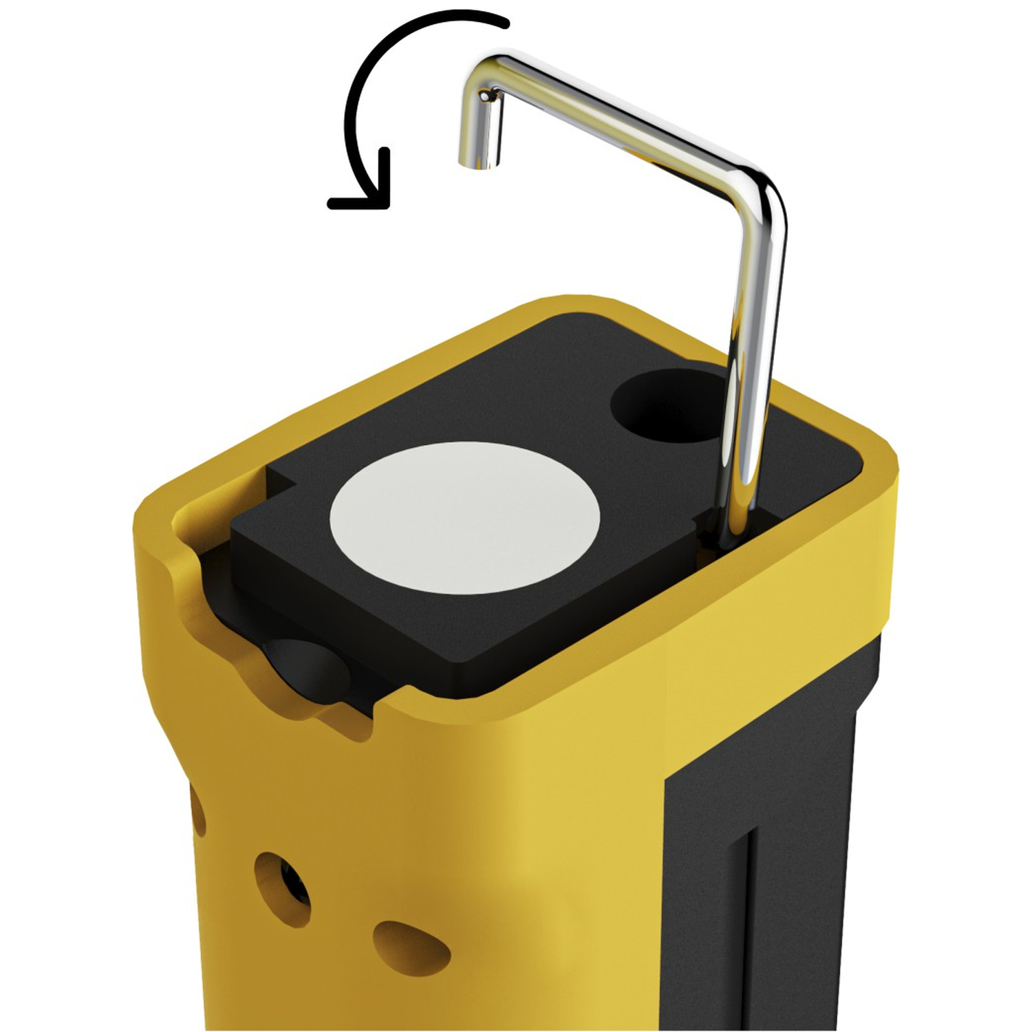 A silver metal handle extends from a yellow and black device, an arrow indicates rotation.