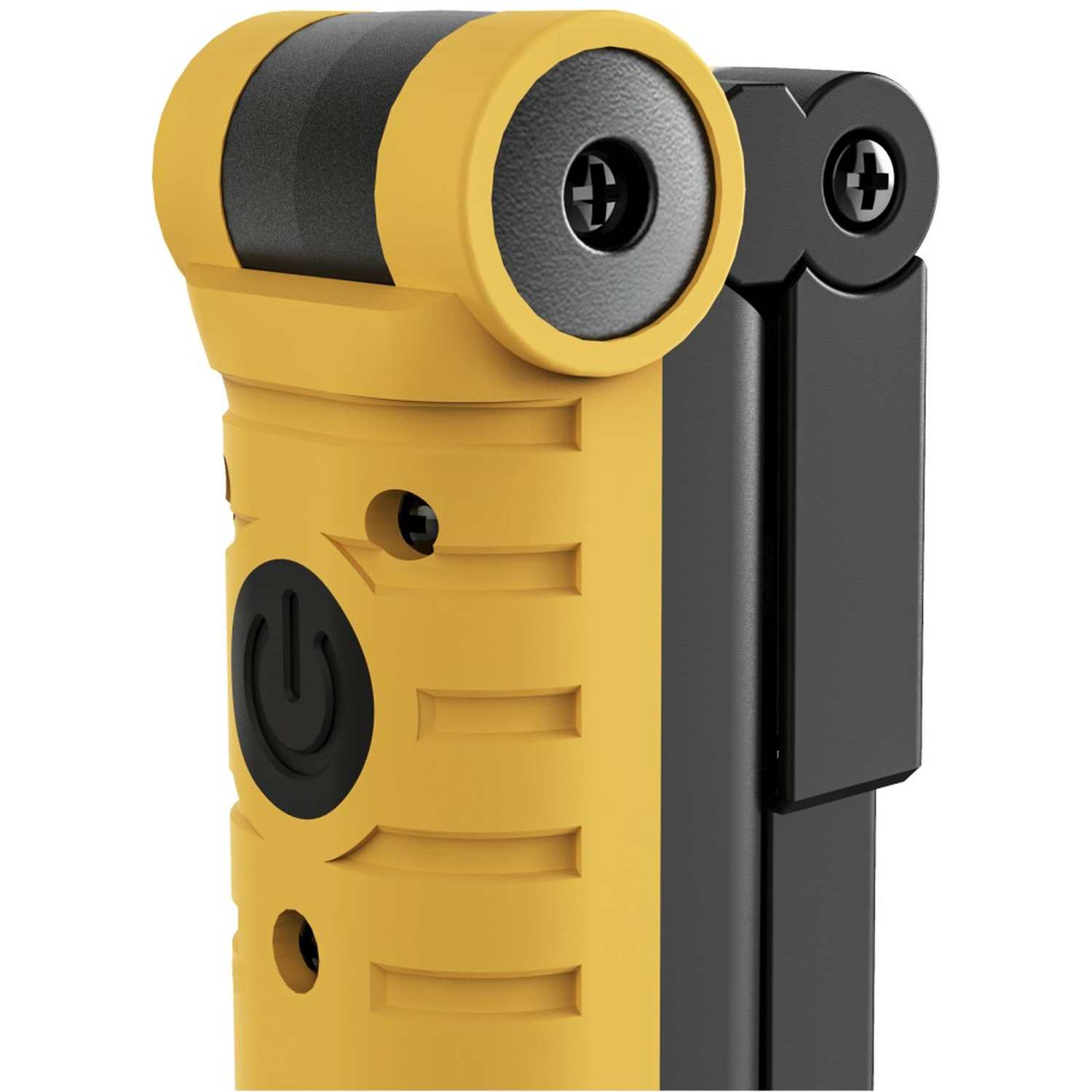 Yellow and black flashlight with power button and screws.