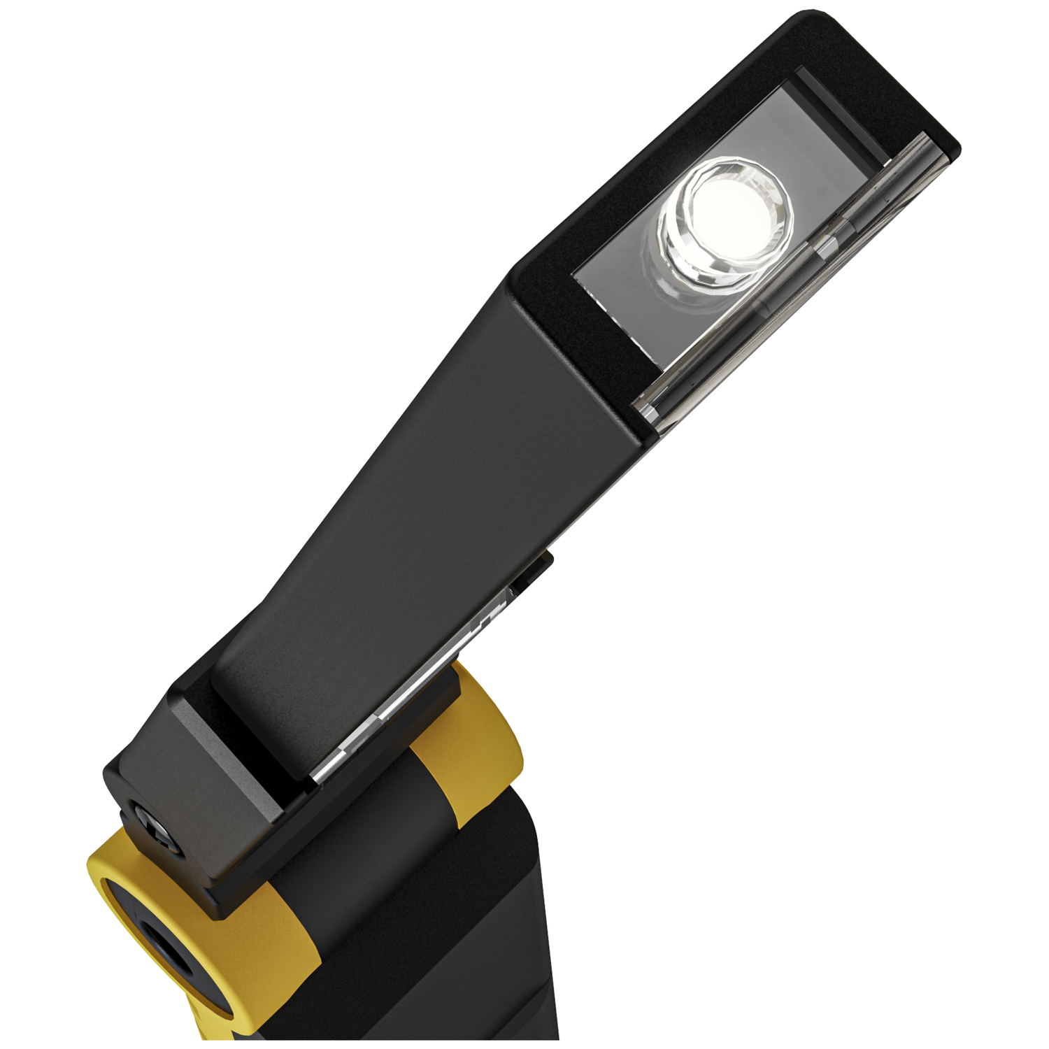 A black and yellow flashlight head with a lit LED and a clear lens cover.