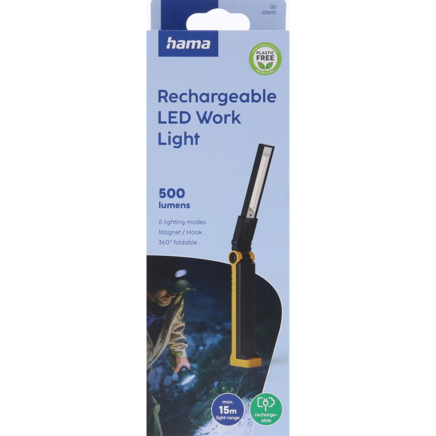 Hama rechargeable LED work light, 500 lumens, 15m light range.