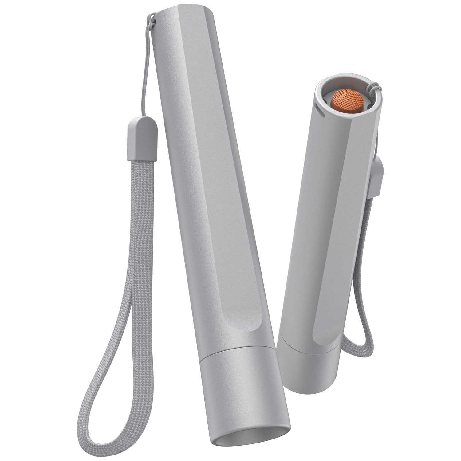 Two silver cylindrical objects with lanyards. One has an orange button.