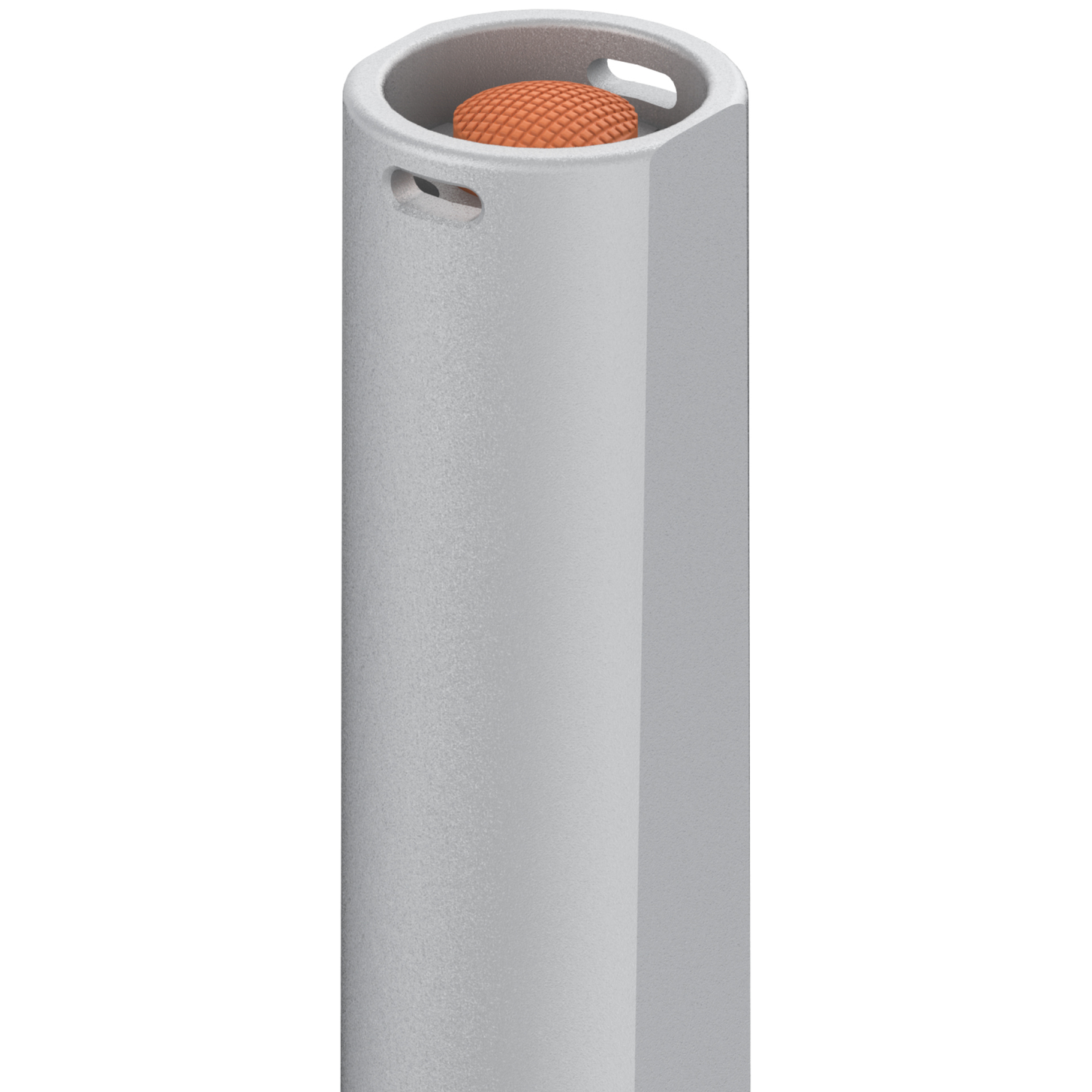 Gray cylindrical container with orange ball inside the top.