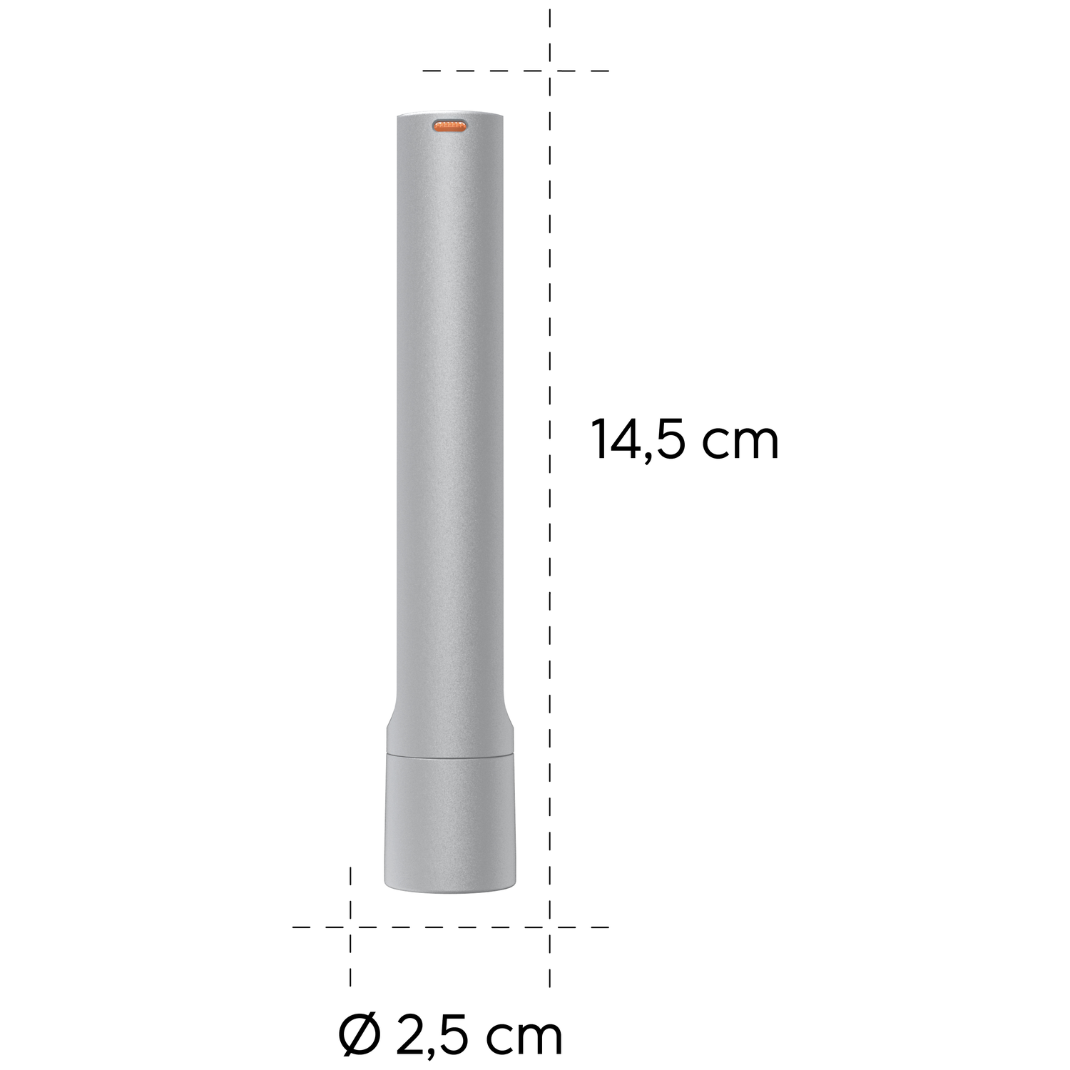 Silver cylinder with orange light at top, 14.5 cm tall, 2.5 cm diameter.