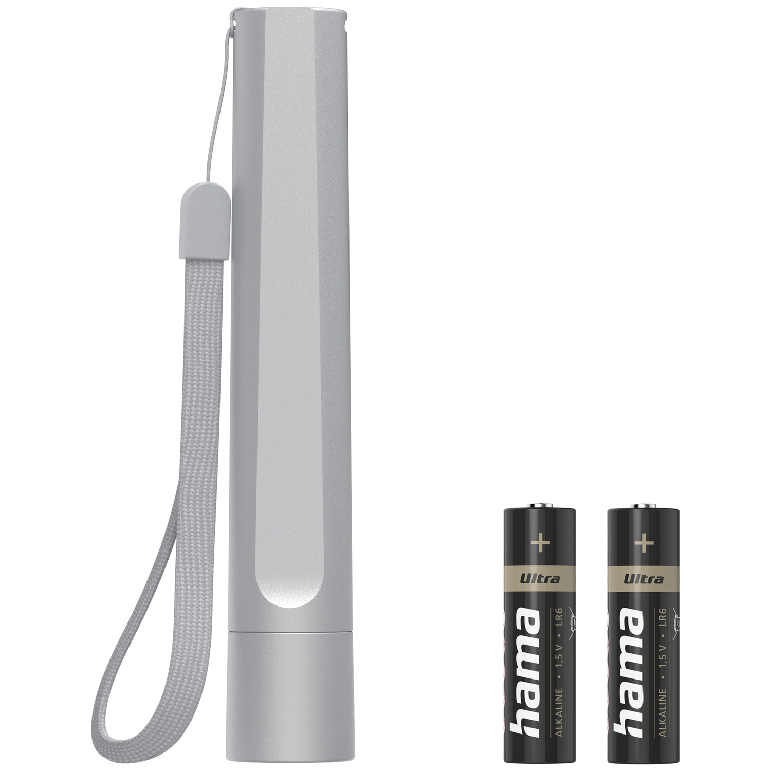 Silver stick with strap and two black batteries labeled "hama Ultra".