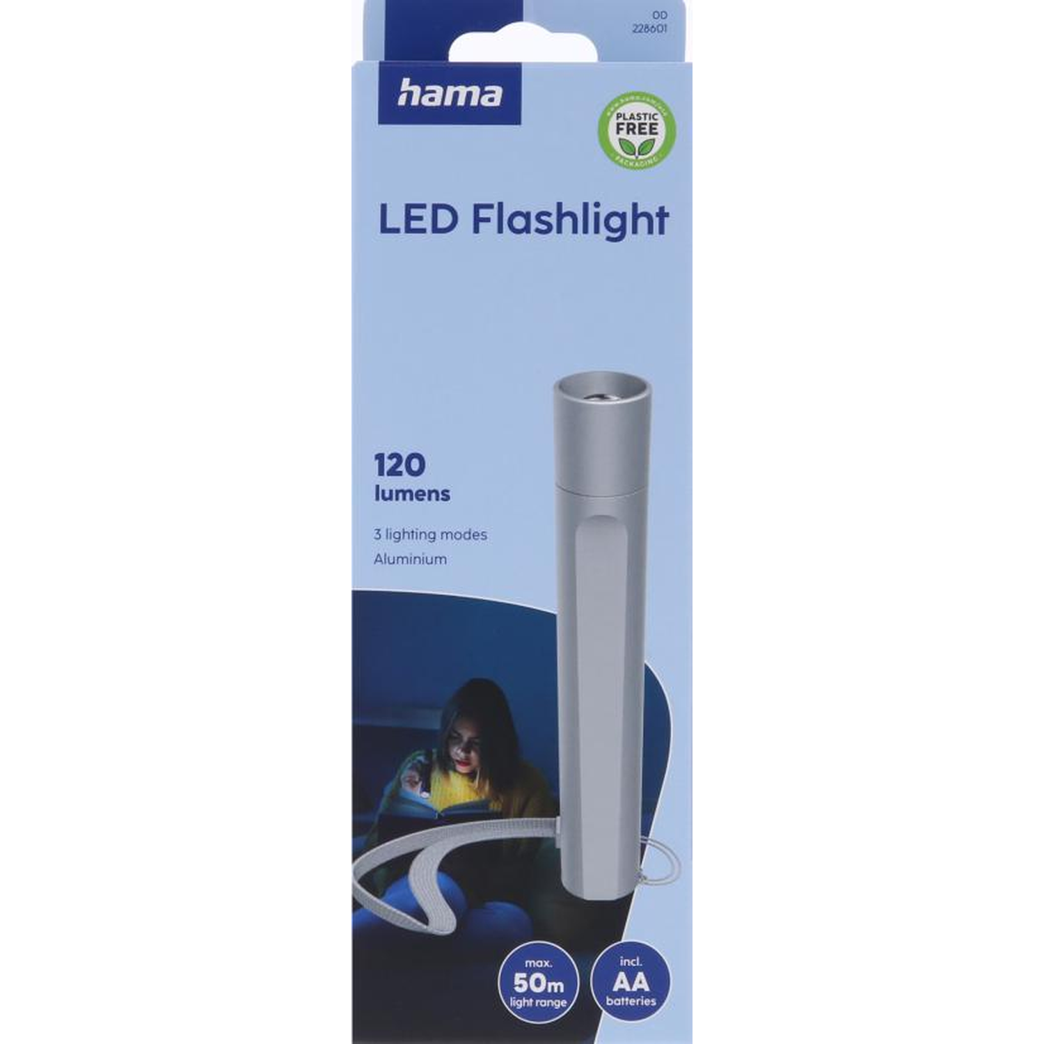 Hama LED flashlight: 120 lumens, aluminum, 50m range, incl. batteries.