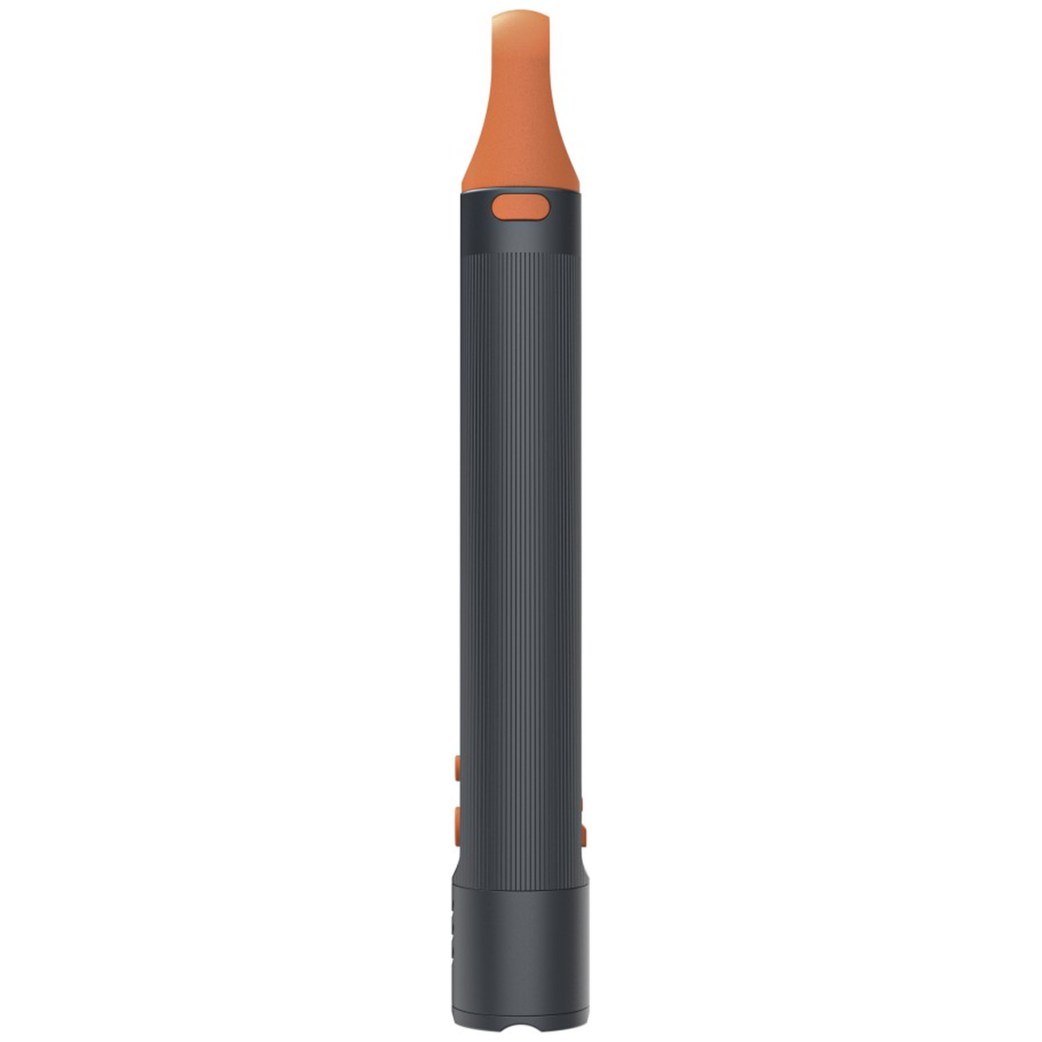 A dark gray vape pen with an orange mouthpiece and accents.