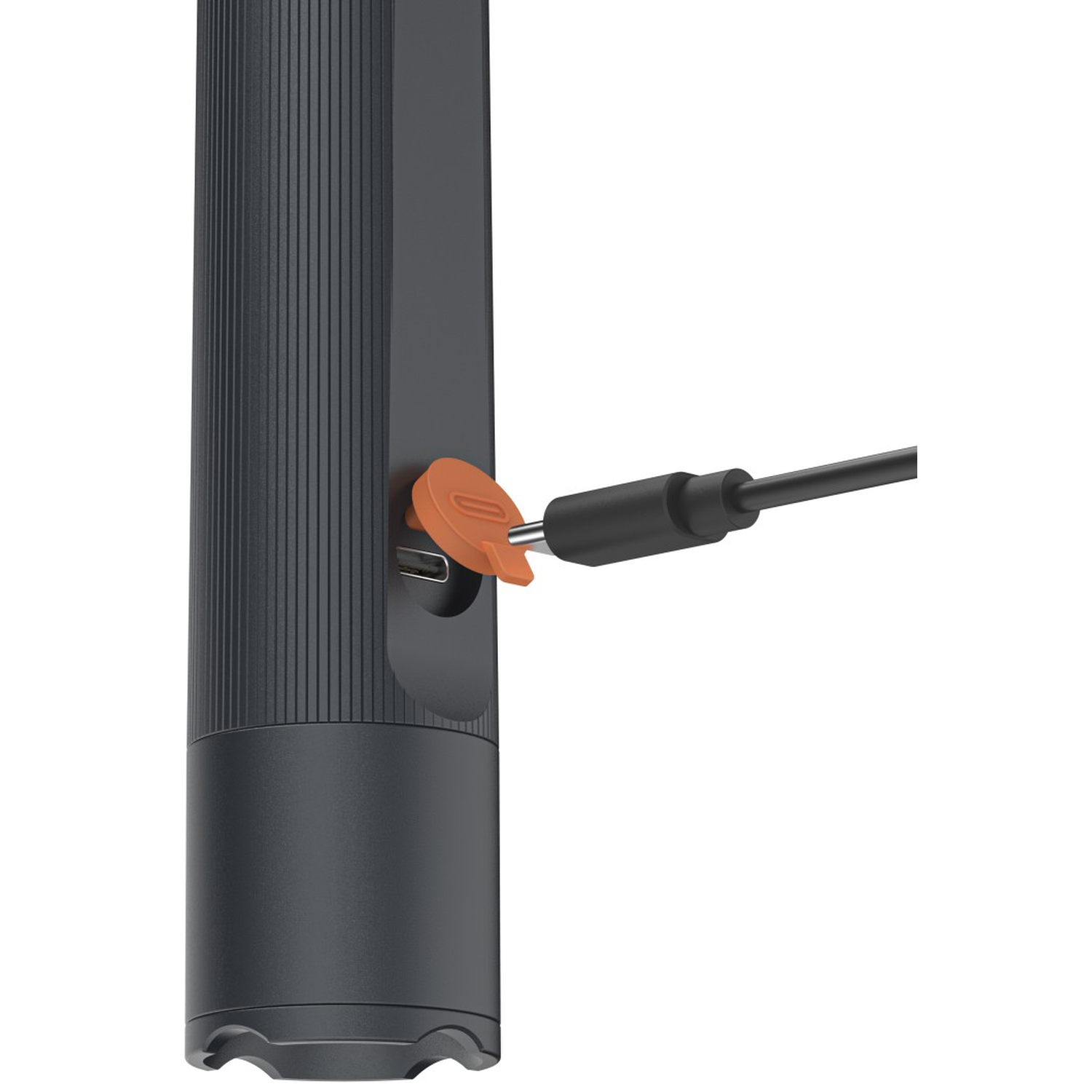 A black cable plugs into an orange adapter on a dark cylinder.