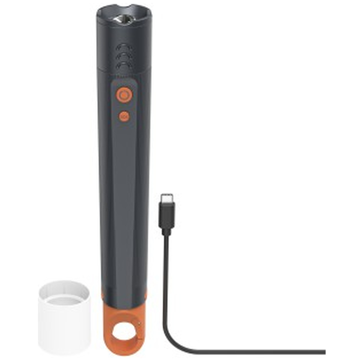 Gray flashlight with orange buttons and USB cable. White cap nearby.