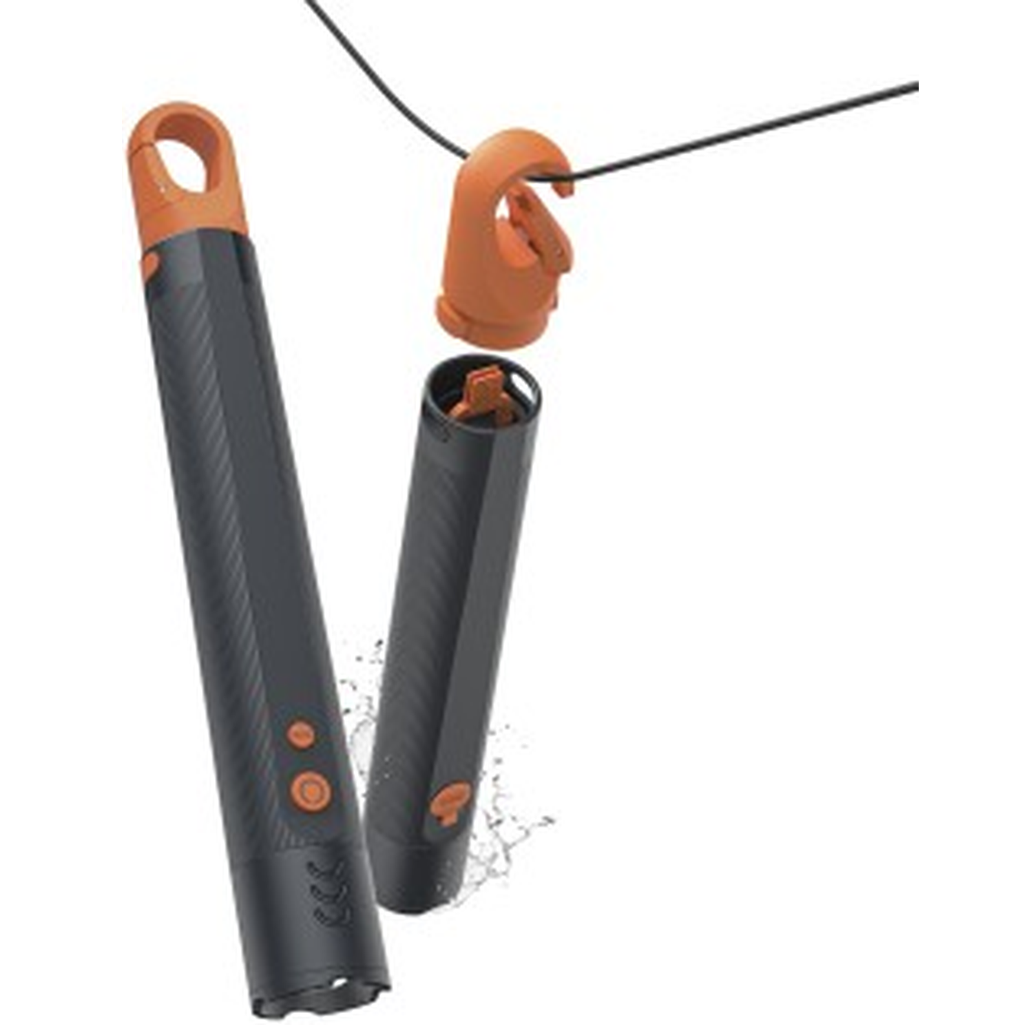 Two black pens with orange accents, one open with a hook inside.