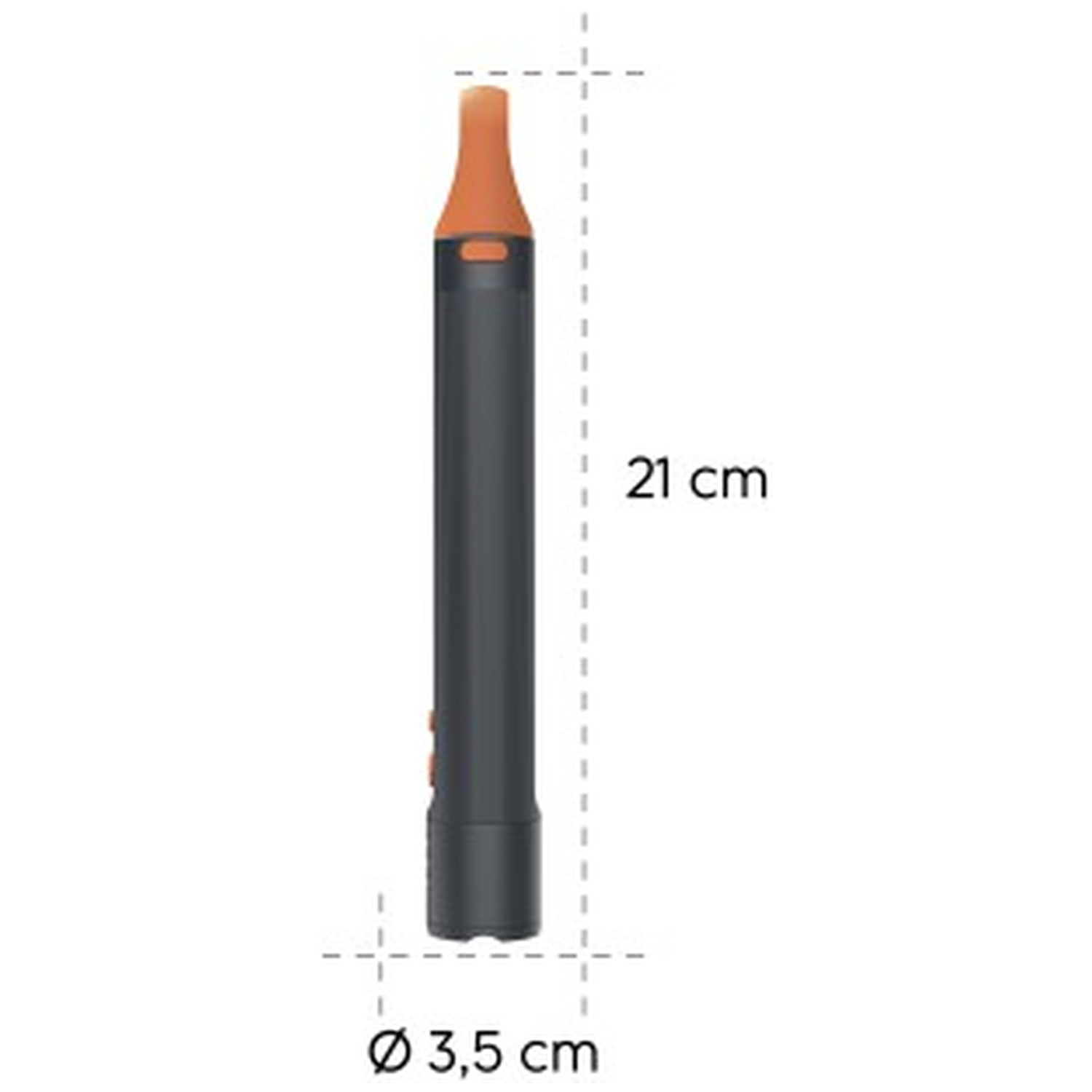Gray device with orange mouthpiece, 21 cm long, 3.5 cm diameter.
