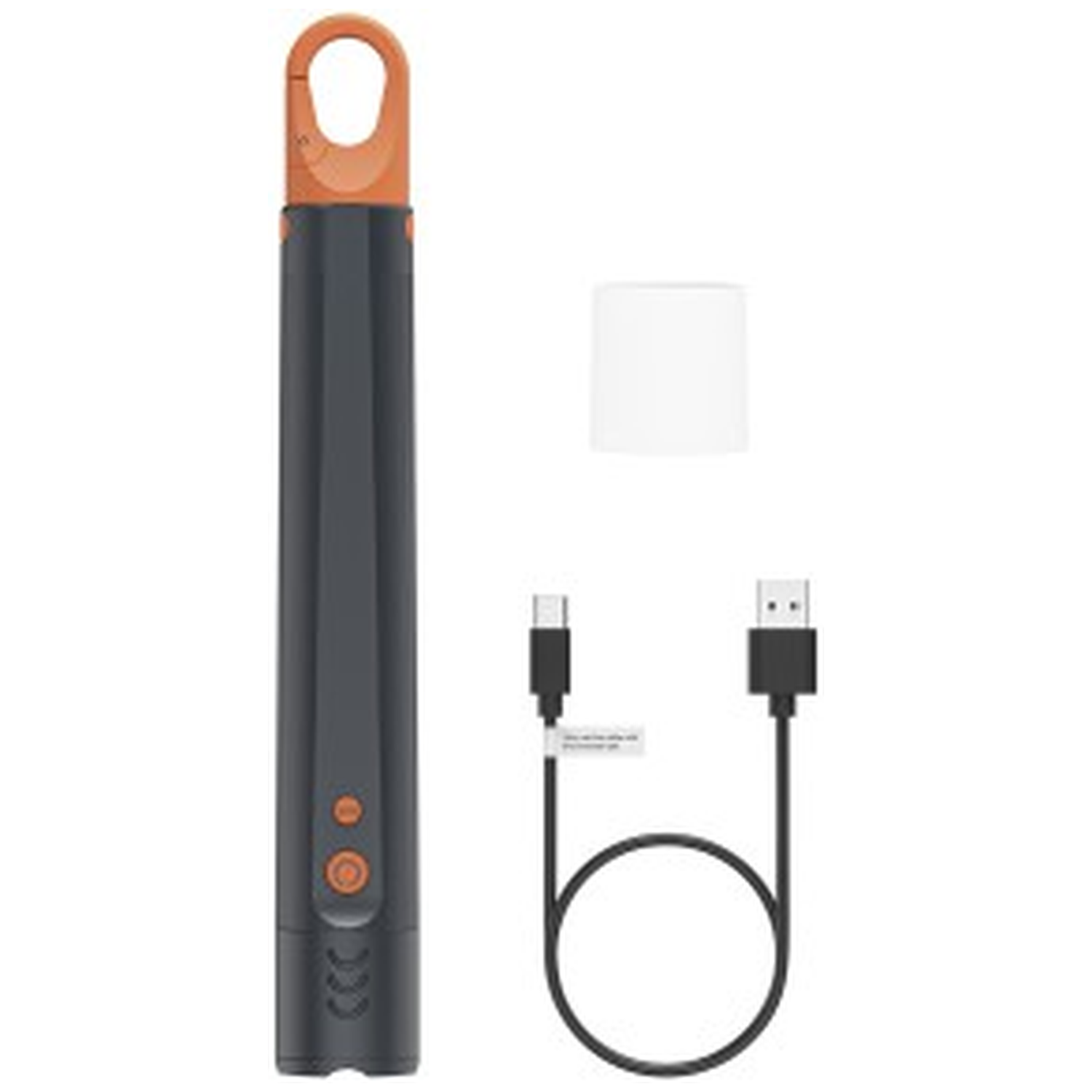 A dark stick with an orange handle, USB cable, and white cap.