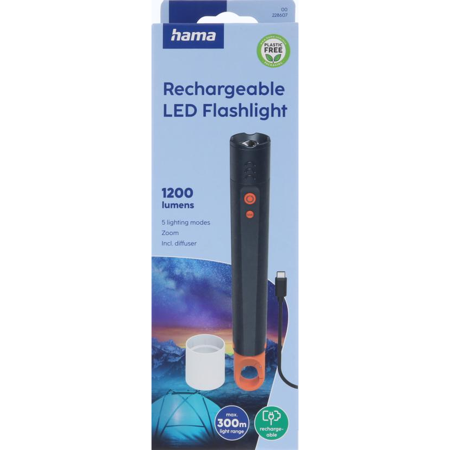 Rechargeable LED flashlight with 1200 lumens, 5 modes, zoom, diffuser.