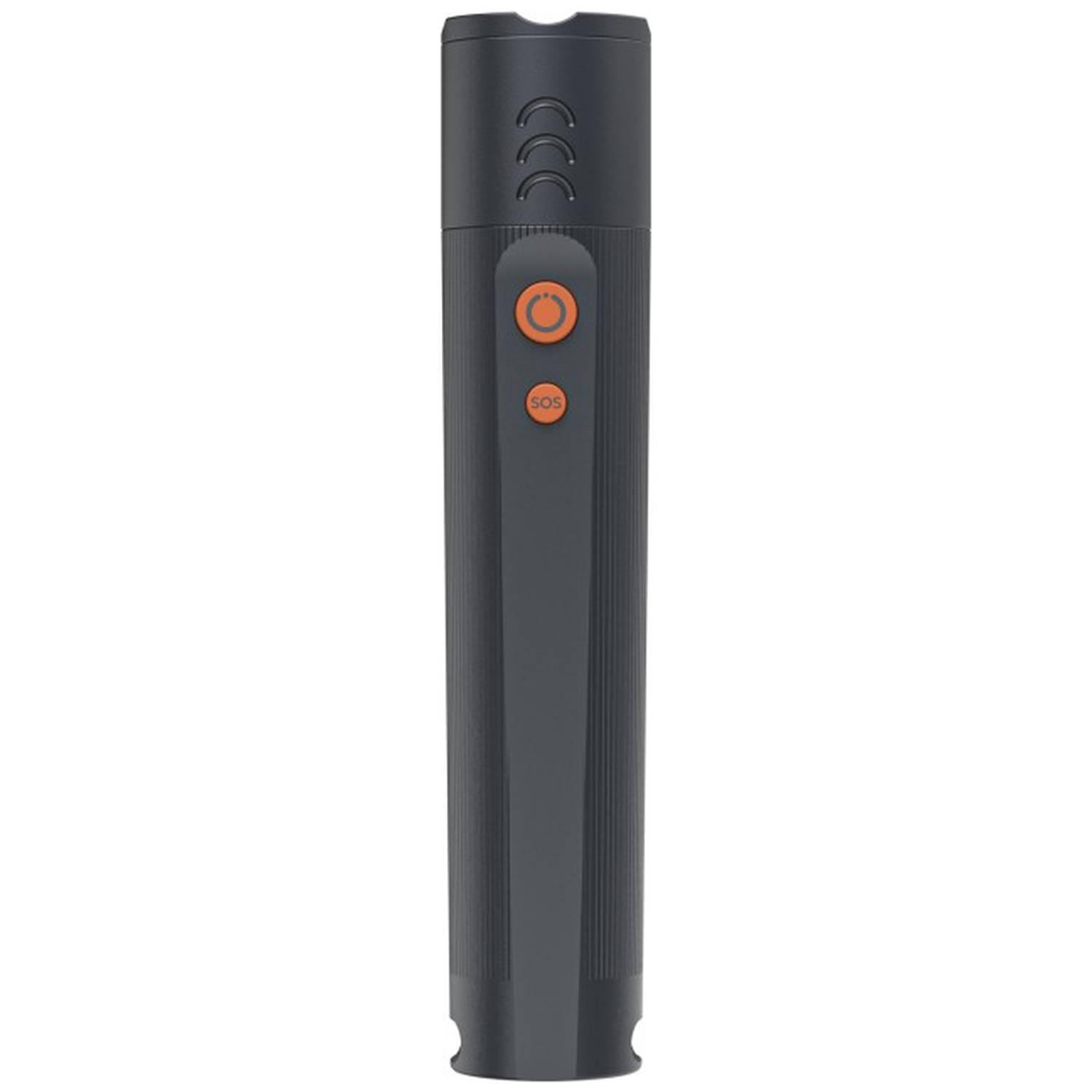A dark flashlight with orange buttons and ridges.