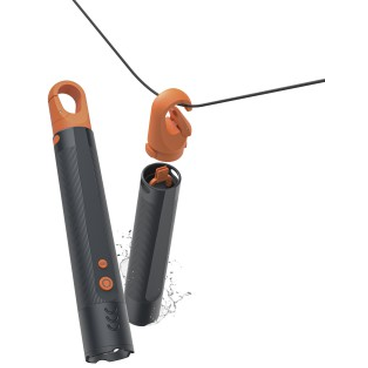 Two black and orange handles with a cord running through an orange clip, with water splashes.
