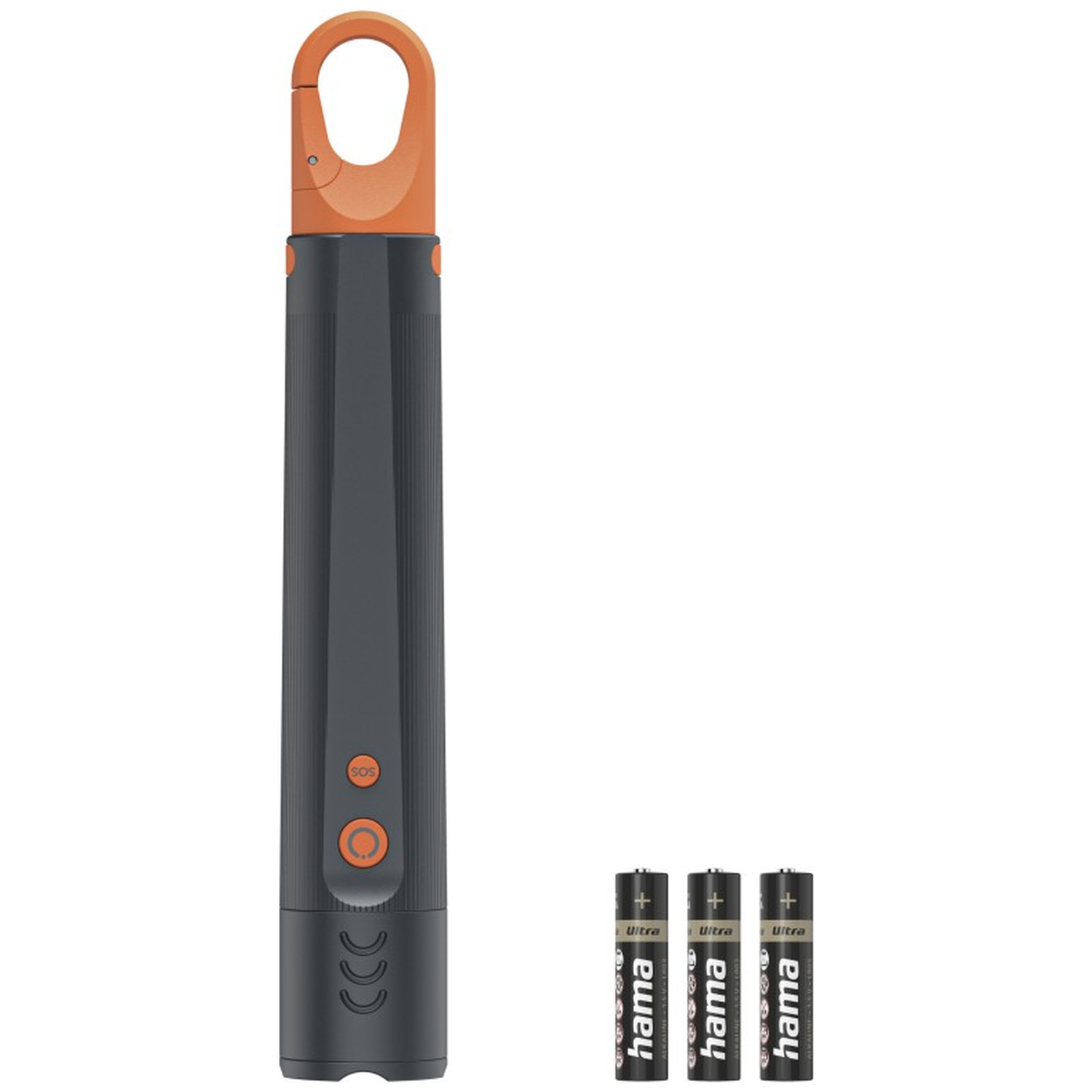 Dark gray stick with orange clip handle, three batteries beside it.