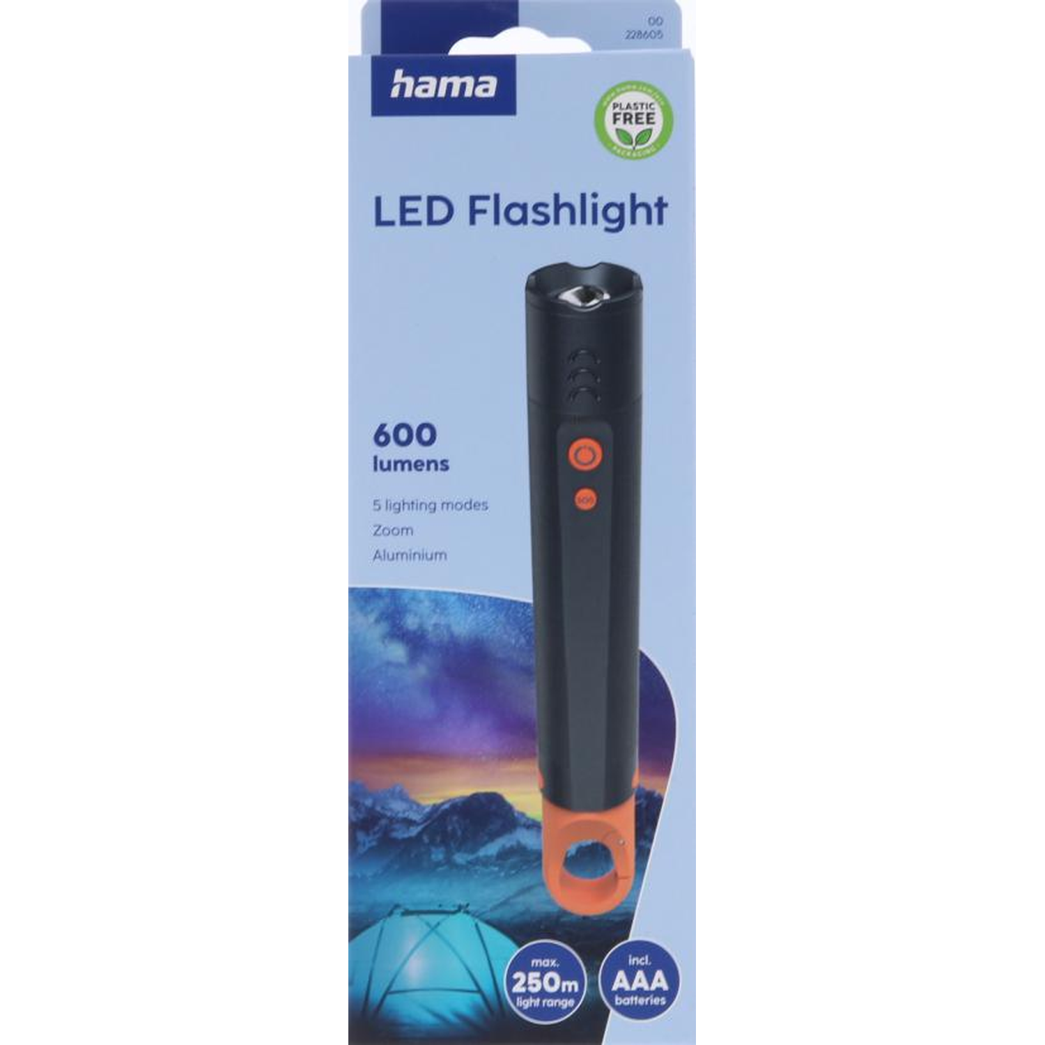 Packaging of a Hama LED flashlight with 600 lumens, aluminum, 5 modes.