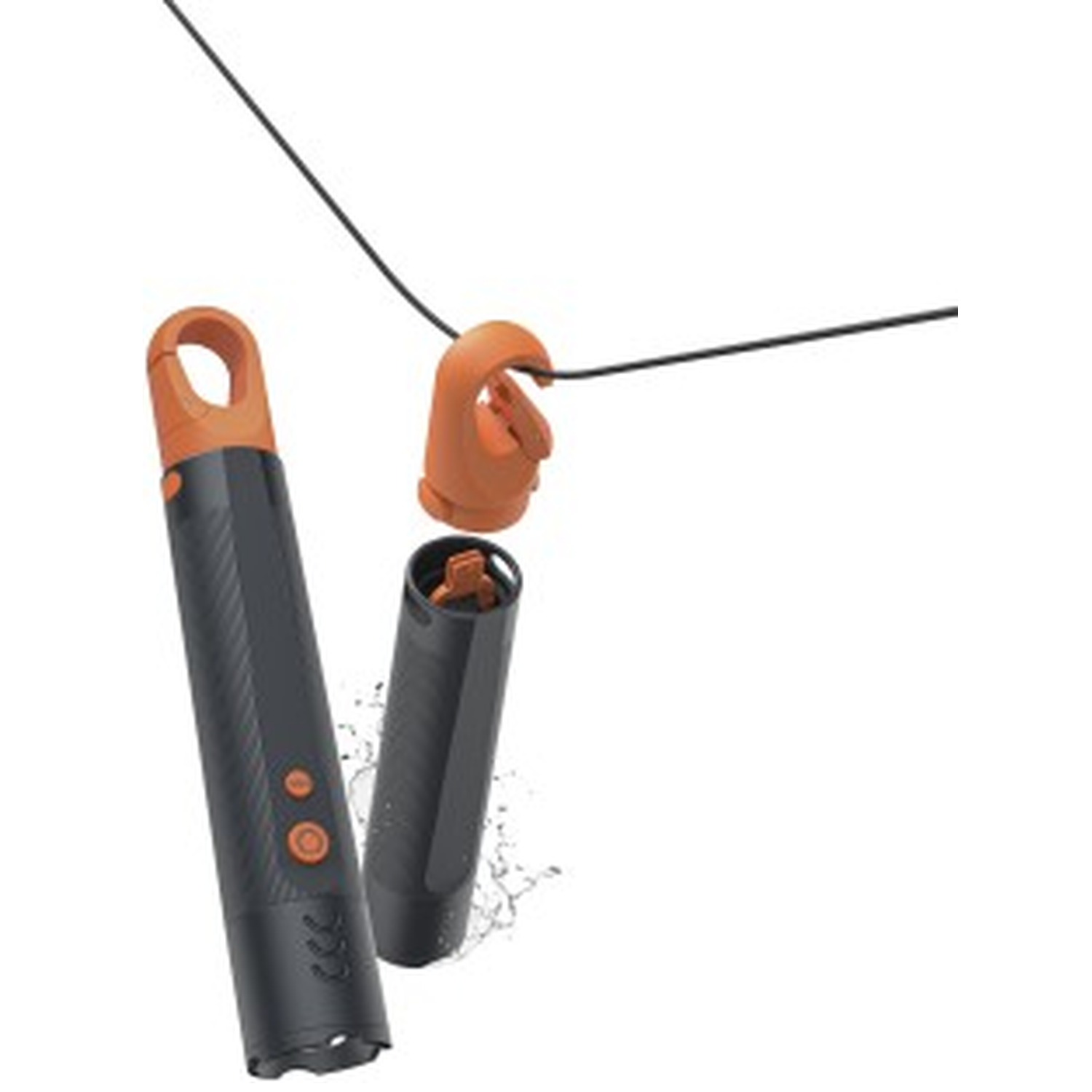 A black cylinder with orange accents, an orange ring, and a thin black string.