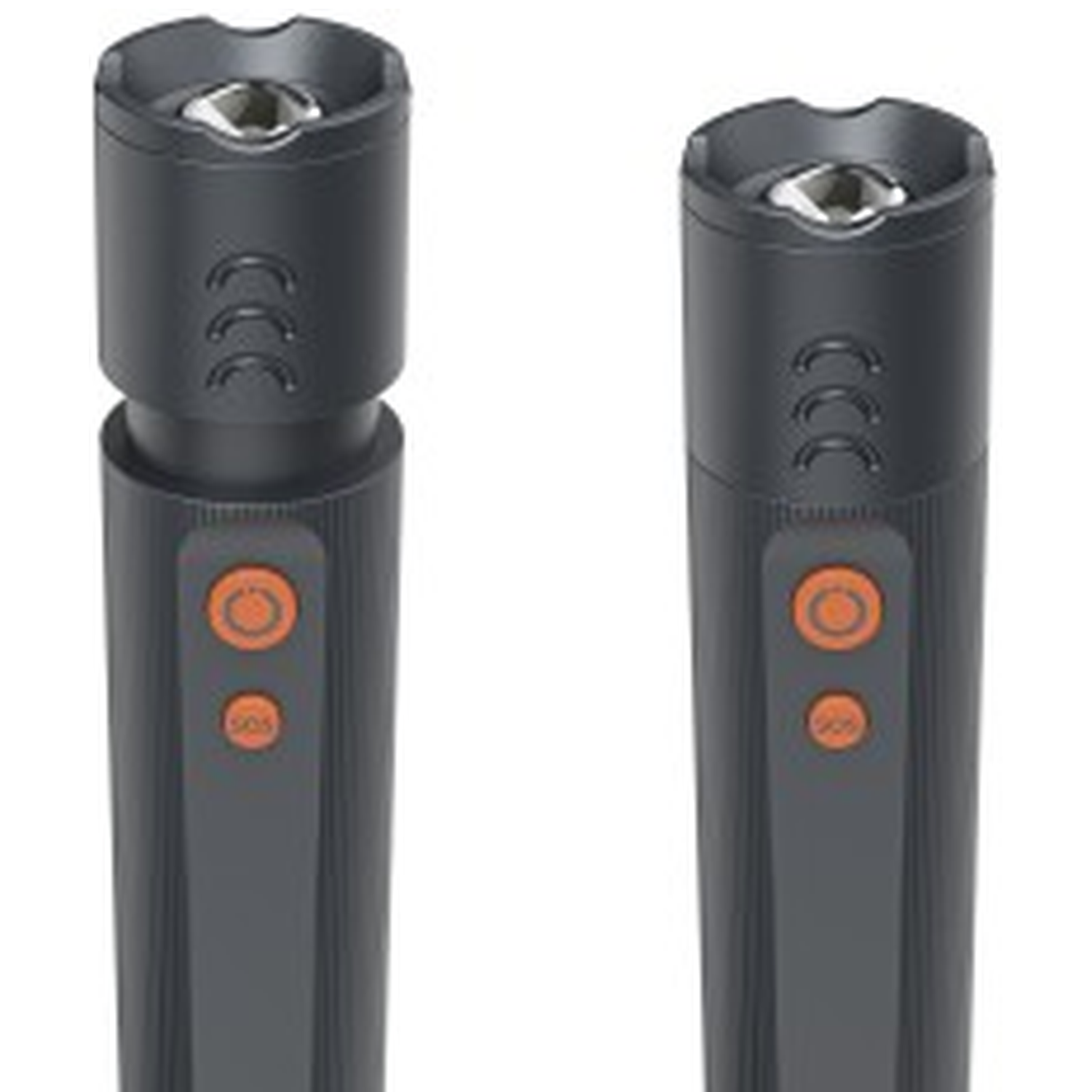 Two dark flashlights with orange buttons on a white background.
