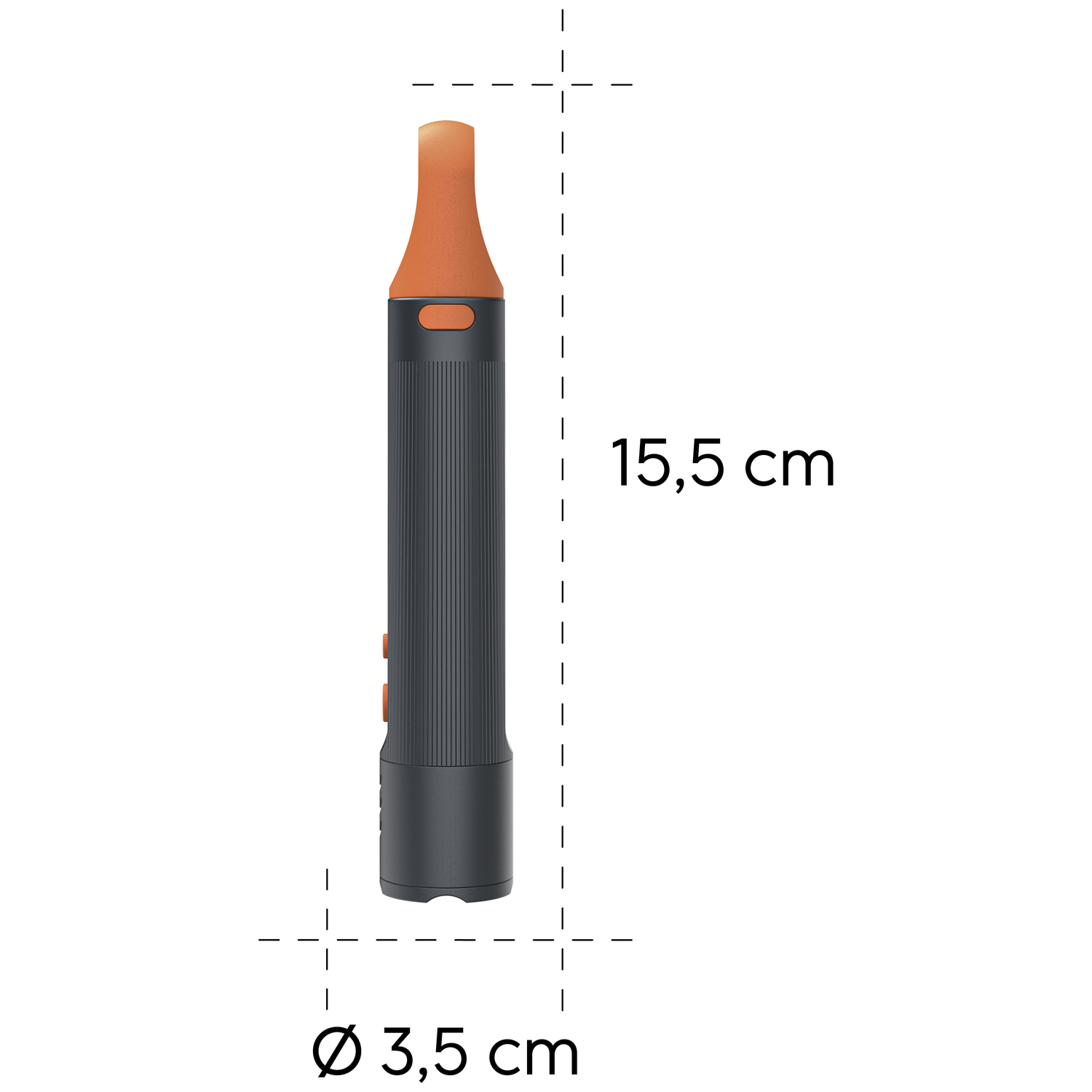 A dark cylinder with an orange mouthpiece and controls. Dimensions: 15.5 cm L, 3.5 cm Ø.