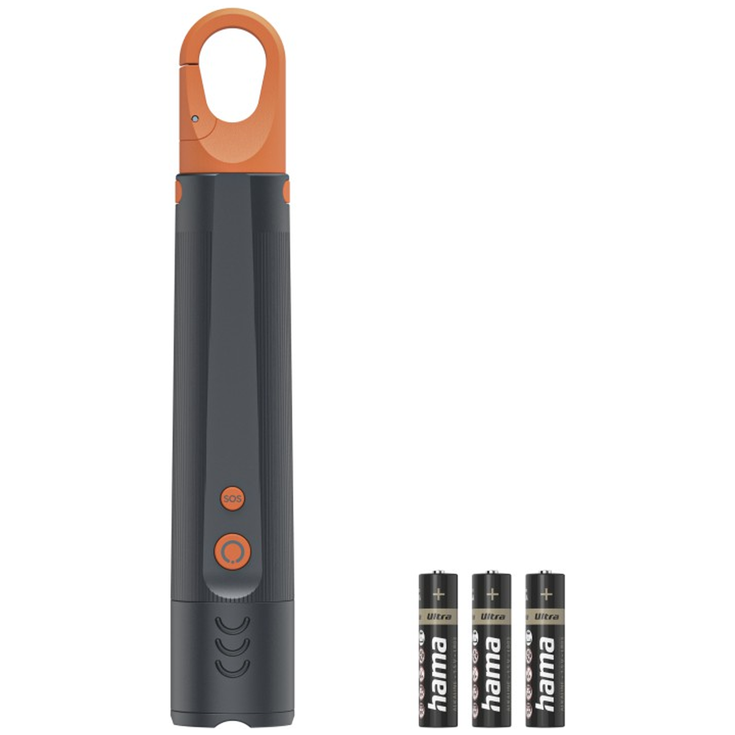 A dark gray device with an orange clip on top and three batteries beside it.