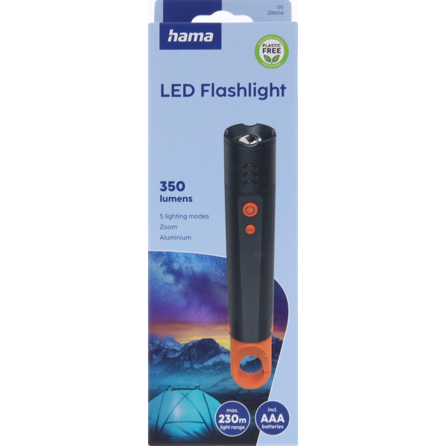 Hama LED flashlight with 350 lumens, 5 modes, zoom, aluminum, 230m range, incl. AAA batteries.