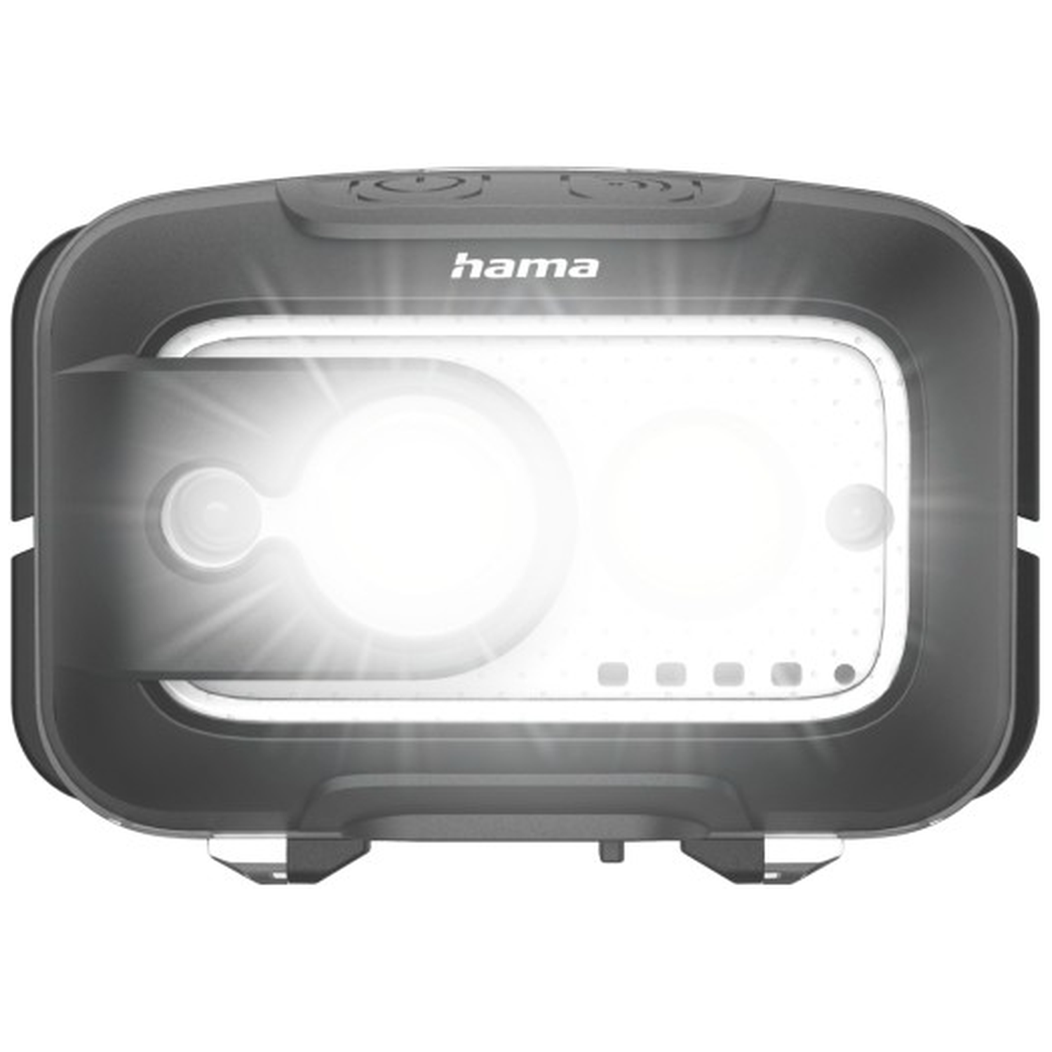 A black Hama work light with two light modules and a lit center.