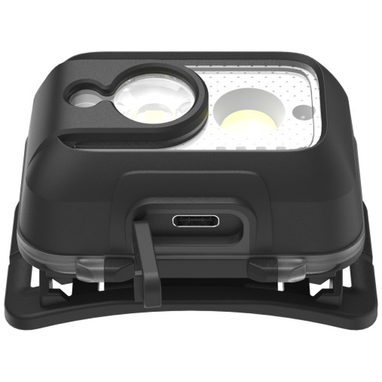 Black headlamp with two LEDs and a USB-C port.