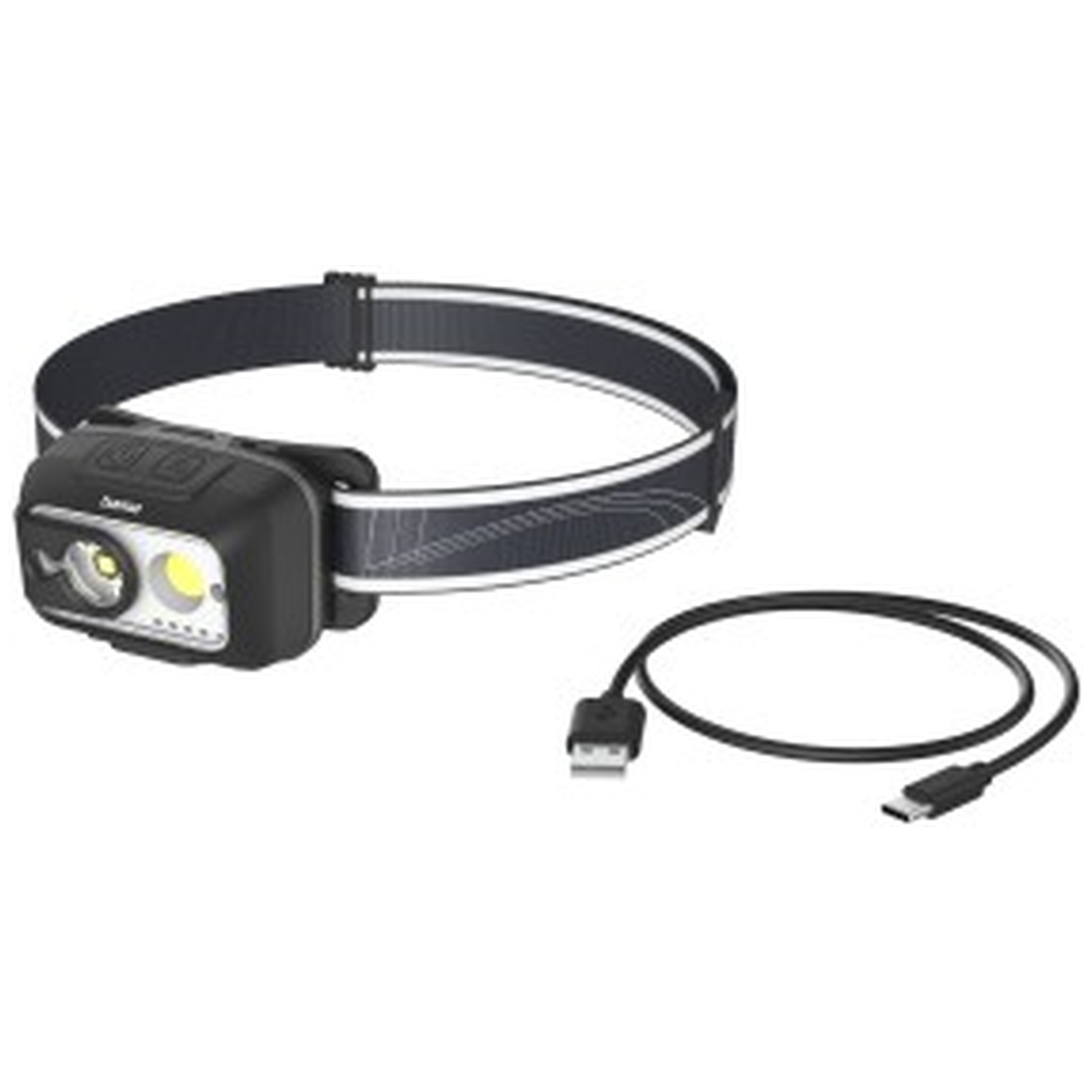 Black headlamp with adjustable strap and USB charging cable.