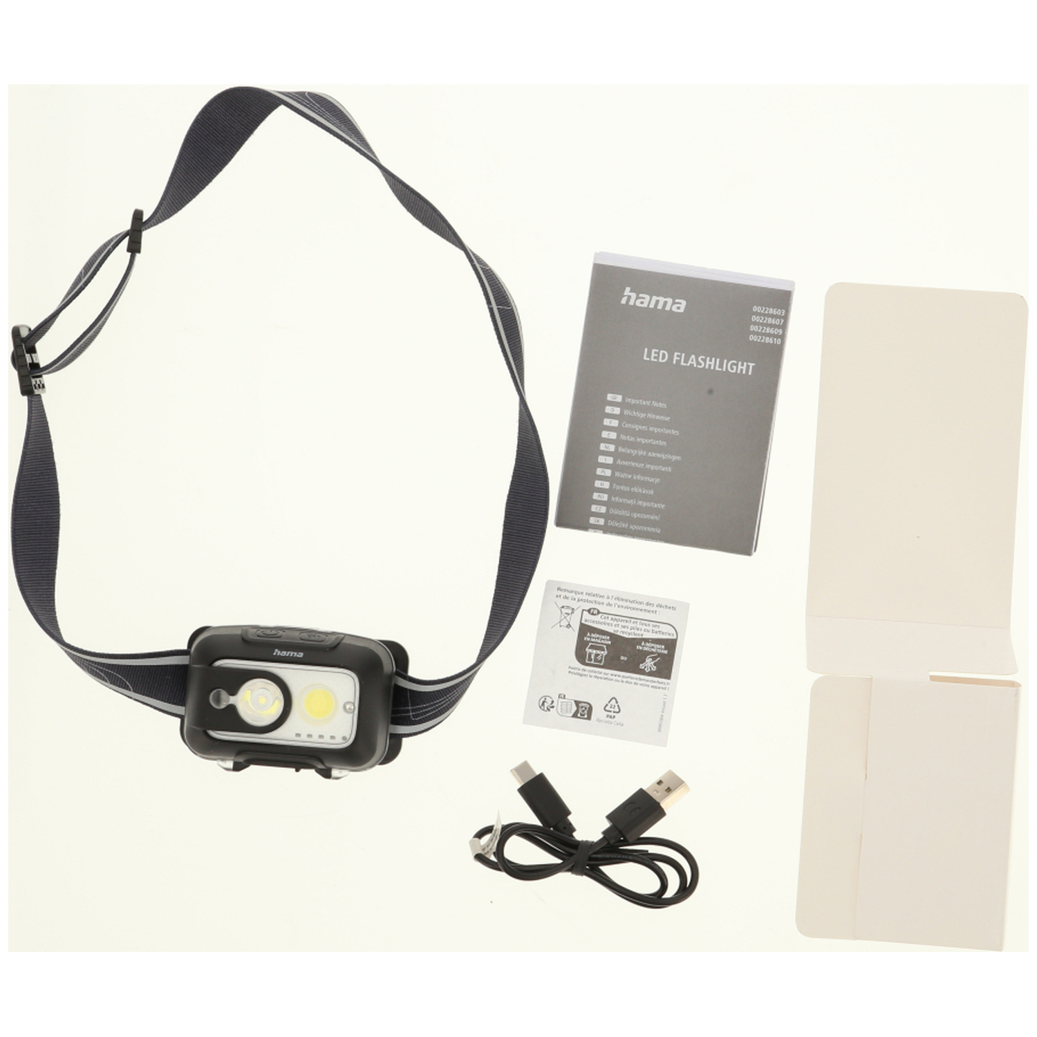Hama headlamp with USB cable, instructions, and packaging on a white background.