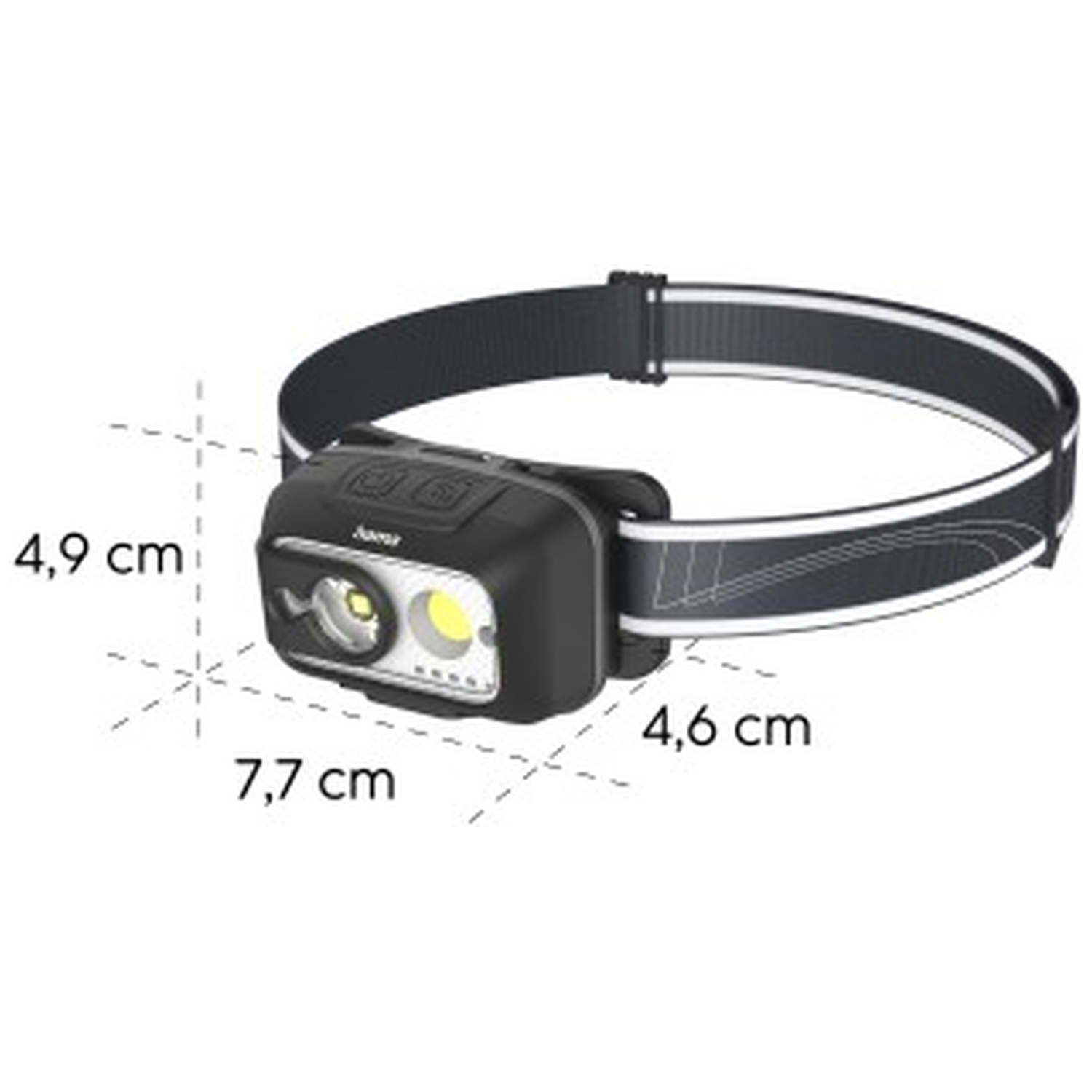 Black headlamp with band, dimensions 7.7x4.9x4.6 cm.