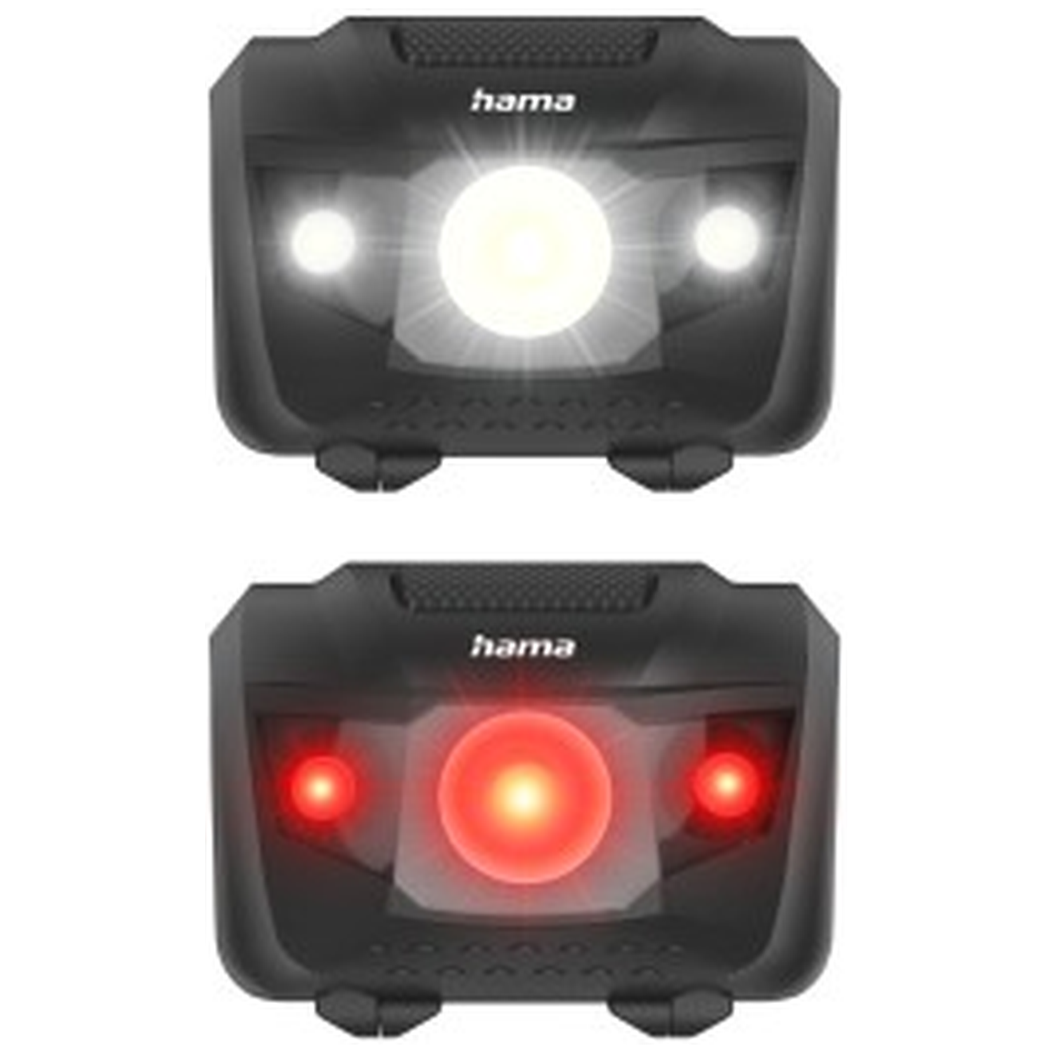 Two black Hama lights, top glowing white, bottom glowing red.