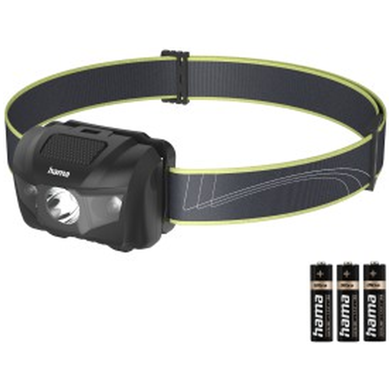 Black headlamp with gray strap and three batteries.