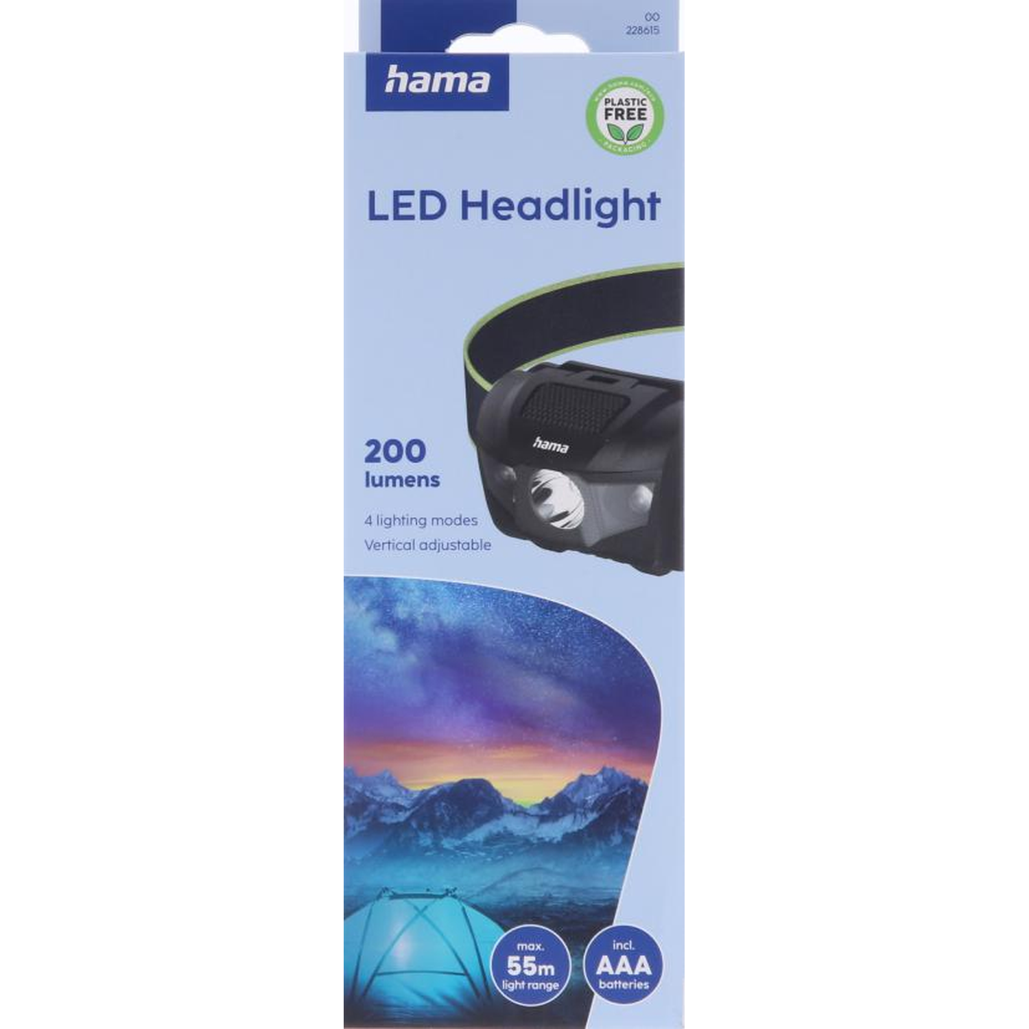 Packaging of a Hama LED Headlight with 200 lumens and 4 modes.