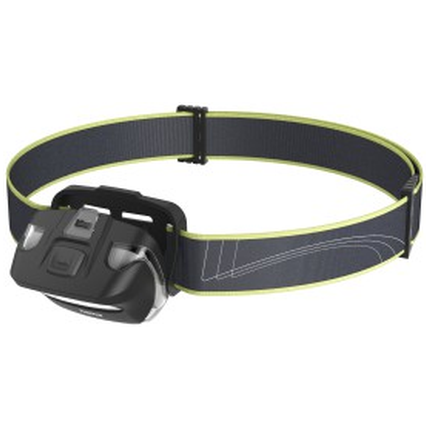 Black headlamp with a gray strap and yellow trim.