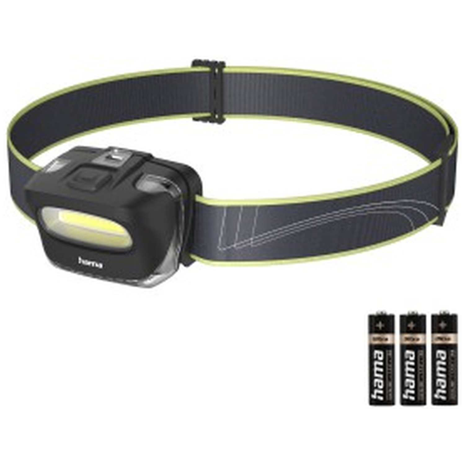 Black and gray headlamp with yellow trim and three batteries beside it.
